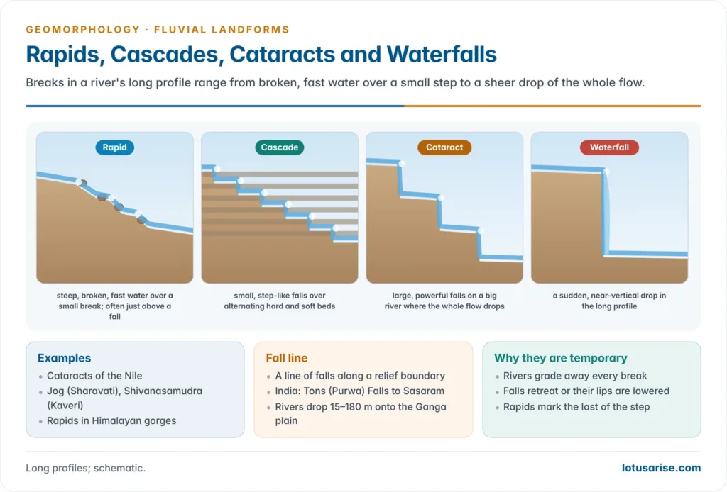 Four profiles comparing rapids, cascades, cataracts and a waterfall along a river bed