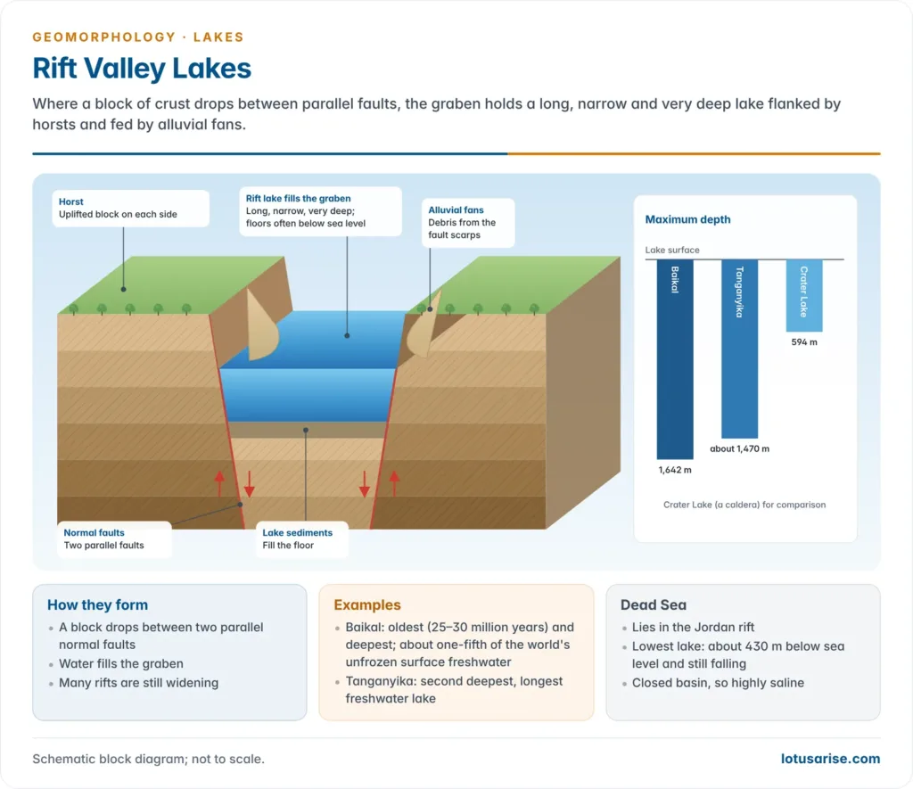 Rift Valley Lakes. Where a block of crust drops between parallel faults, the graben holds a long, narrow and very deep lake flanked by horsts and fed by alluvial fans.
