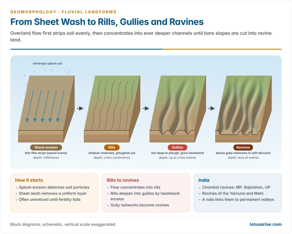 Four small block diagrams showing the progression from sheet wash to rills, gullies and deep ravines on a slope