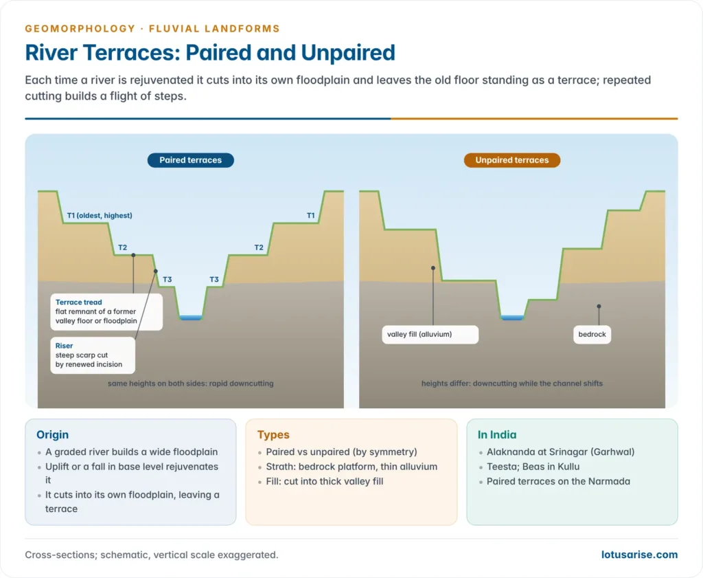 Two valley cross-sections comparing paired terraces at the same heights on both sides with unpaired terraces at different heights, cut into alluvium over bedrock