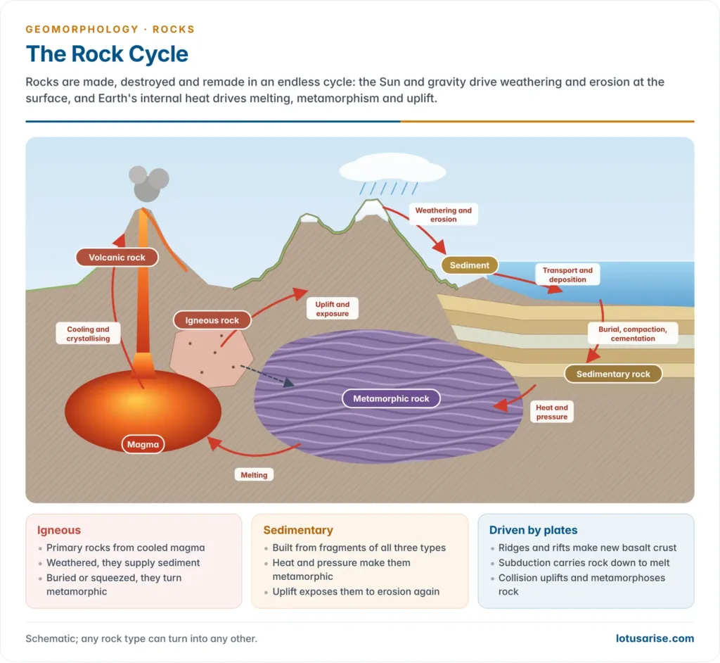 The rock cycle drawn on a landscape cross-section: magma cools into volcanic and igneous rock, weathering and erosion make sediment that is deposited, buried and cemented into sedimentary rock, heat and pressure turn rocks metamorphic, melting returns them to magma, and uplift exposes them again
