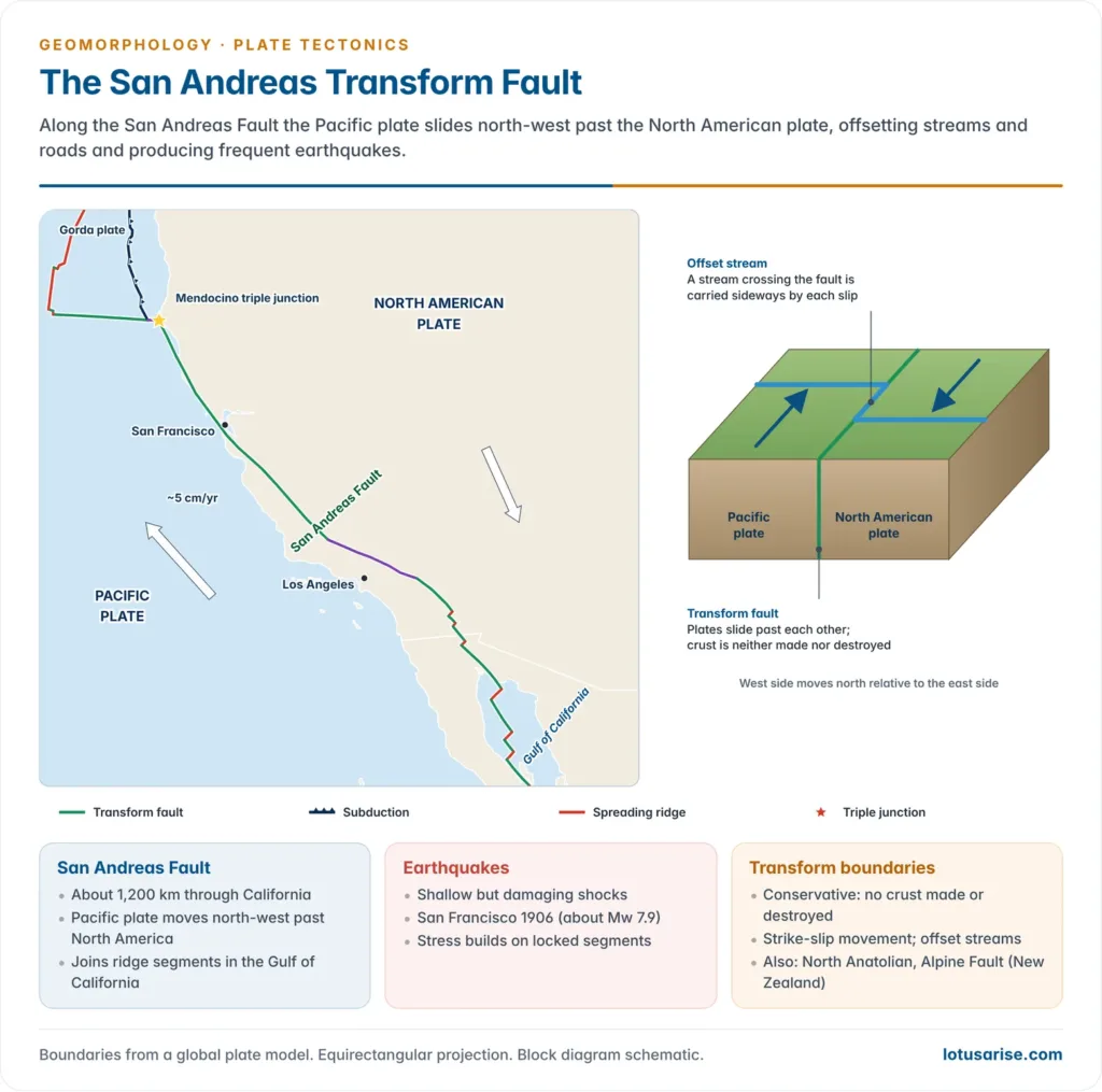 Map of the San Andreas transform fault between the Pacific and North American plates from the Gulf of California to the Mendocino triple junction, with a block diagram of an offset stream