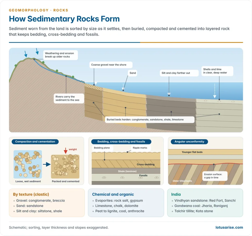Cross-section of sedimentary rock formation: sediment worn from hills is carried by a river to the sea and sorted into gravel near the shore, sand, silt and clay farther out and lime in deep water, then buried and hardened into conglomerate, sandstone, shale and limestone, with insets on compaction and cementation, bedding, cross-bedding, ripple marks and fossils, and an angular unconformity