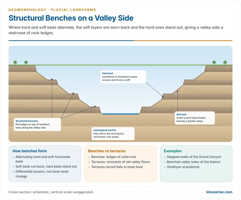 Valley cross-section through alternating hard and soft horizontal beds, with flat rock benches on top of the resistant beds and gentler slopes in the soft beds