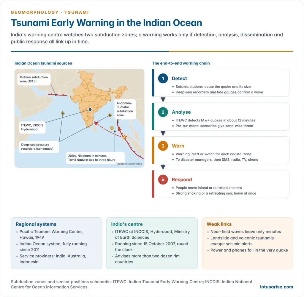 Map of the Indian Ocean showing the Andaman–Sumatra and Makran subduction zones, the 2004 source, deep-sea recorders and the warning centre at Hyderabad, beside the four-step warning chain of detect, analyse, warn and respond