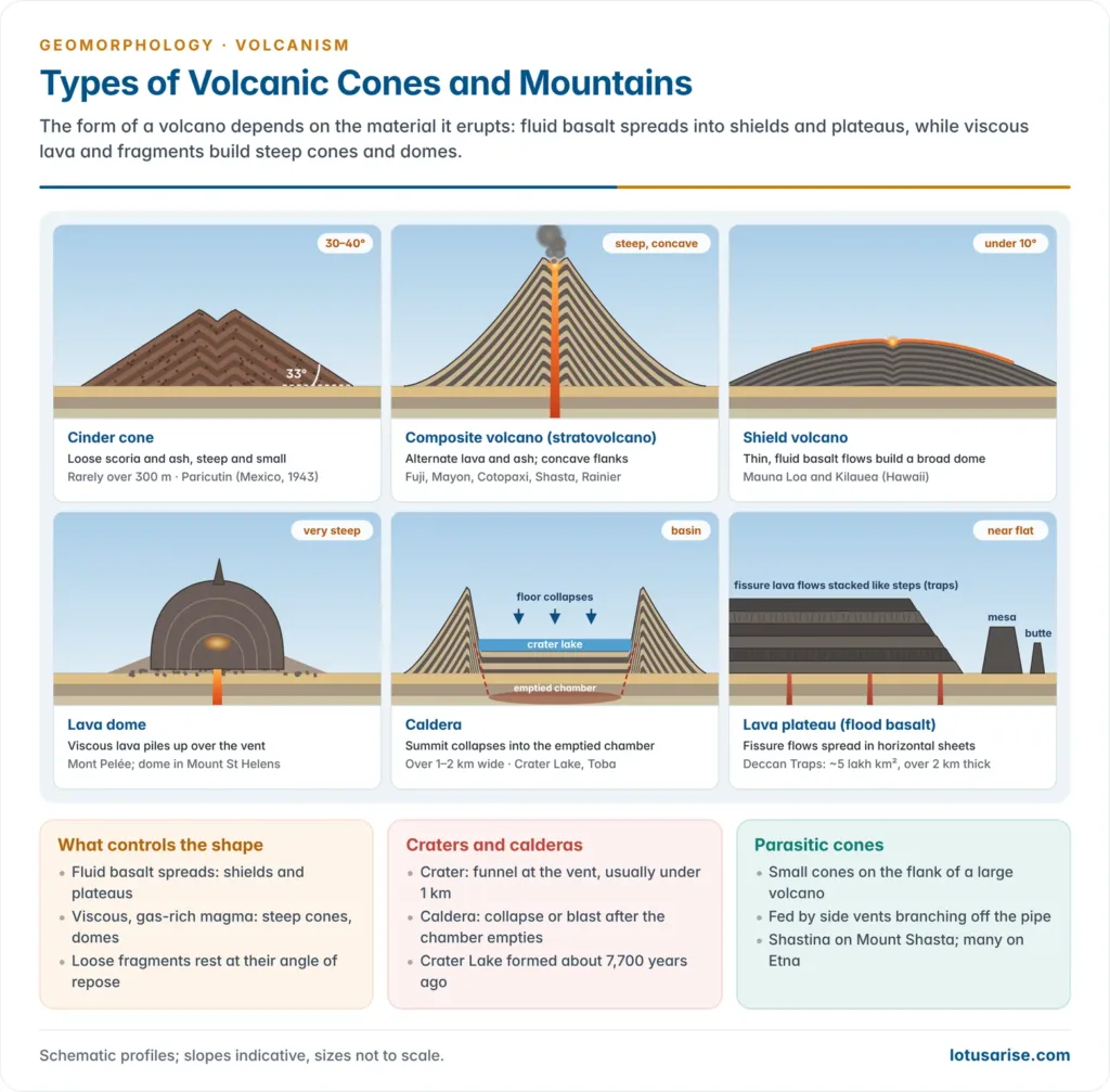 Profiles of volcanic cone types: cinder cone, composite volcano, shield volcano, lava dome, caldera and lava plateau, with slopes and examples