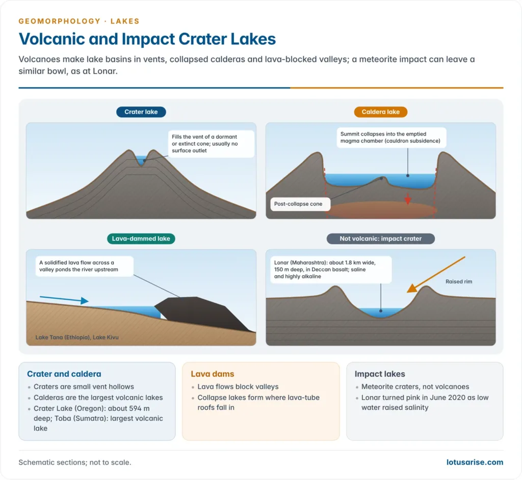 Volcanic and Impact Crater Lakes. Volcanoes make lake basins in vents, collapsed calderas and lava-blocked valleys; a meteorite impact can leave a similar bowl, as at Lonar.