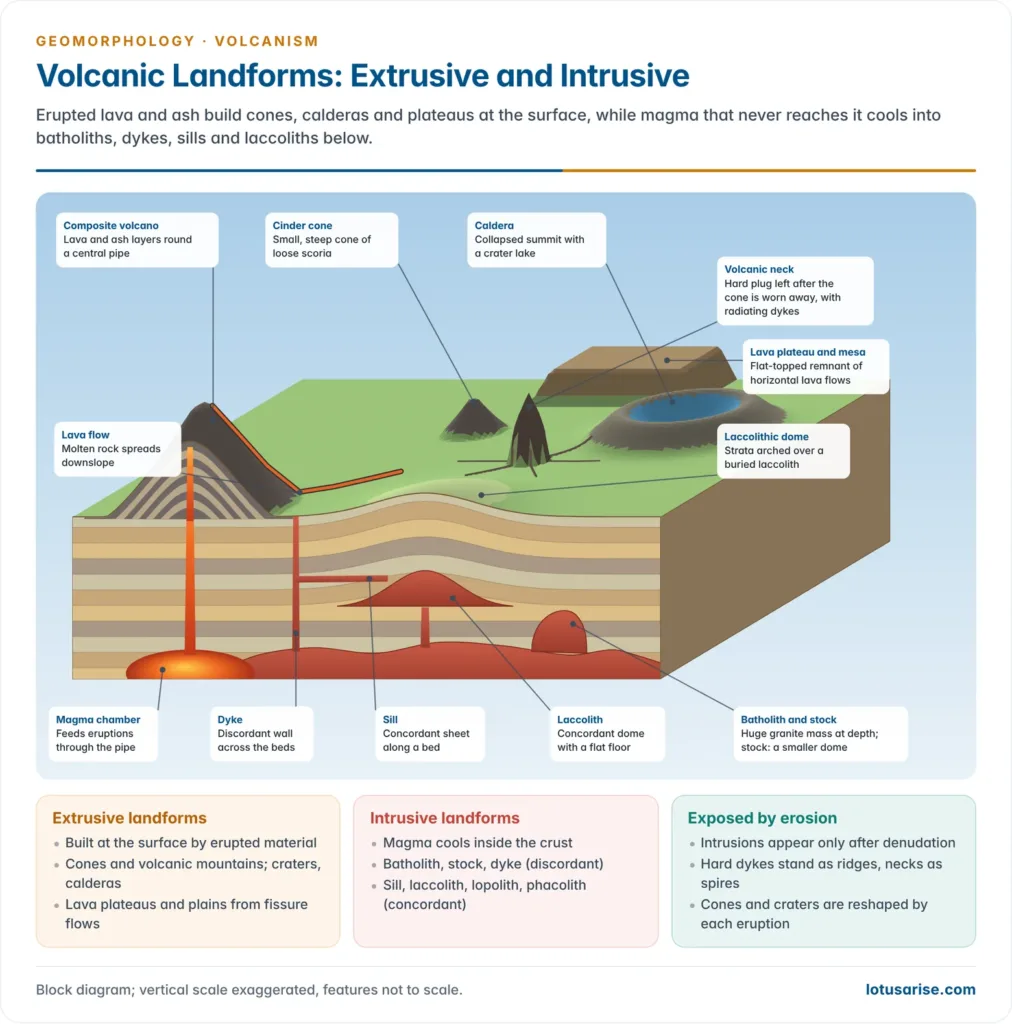 Block diagram of volcanic landforms: composite volcano, cinder cone, caldera lake, lava plateau, volcanic neck and laccolithic dome at the surface, with magma chamber, dyke, sill, laccolith and batholith in section