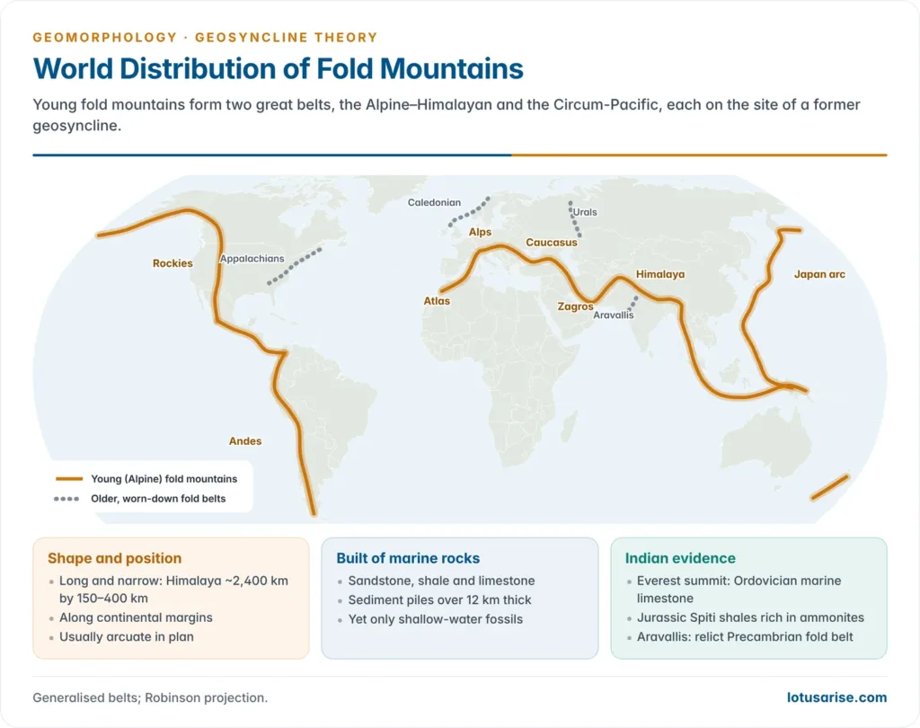 World map of young fold mountains in the Alpine–Himalayan and Circum-Pacific belts, with older worn-down fold belts such as the Appalachians, Urals, Caledonian ranges and Aravallis