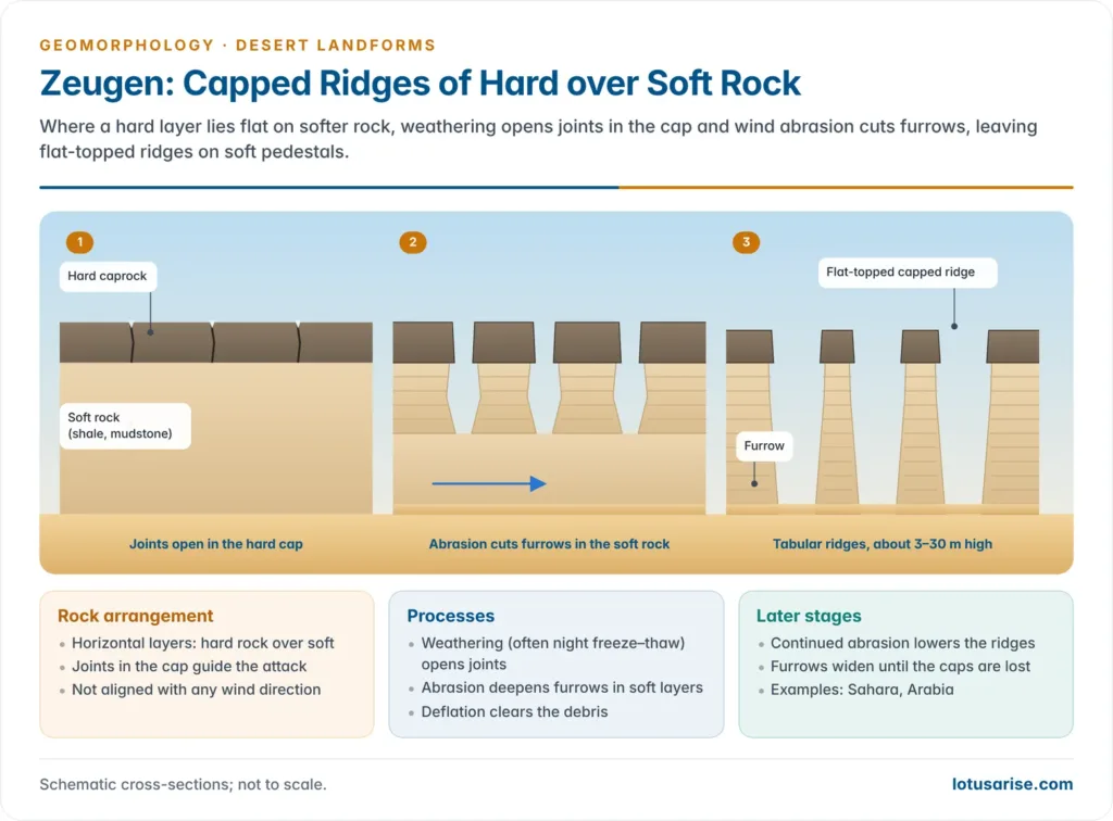 Zeugen: Capped Ridges of Hard over Soft Rock. Where a hard layer lies flat on softer rock, weathering opens joints in the cap and wind abrasion cuts furrows, leaving flat-topped ridges on soft pedestals.