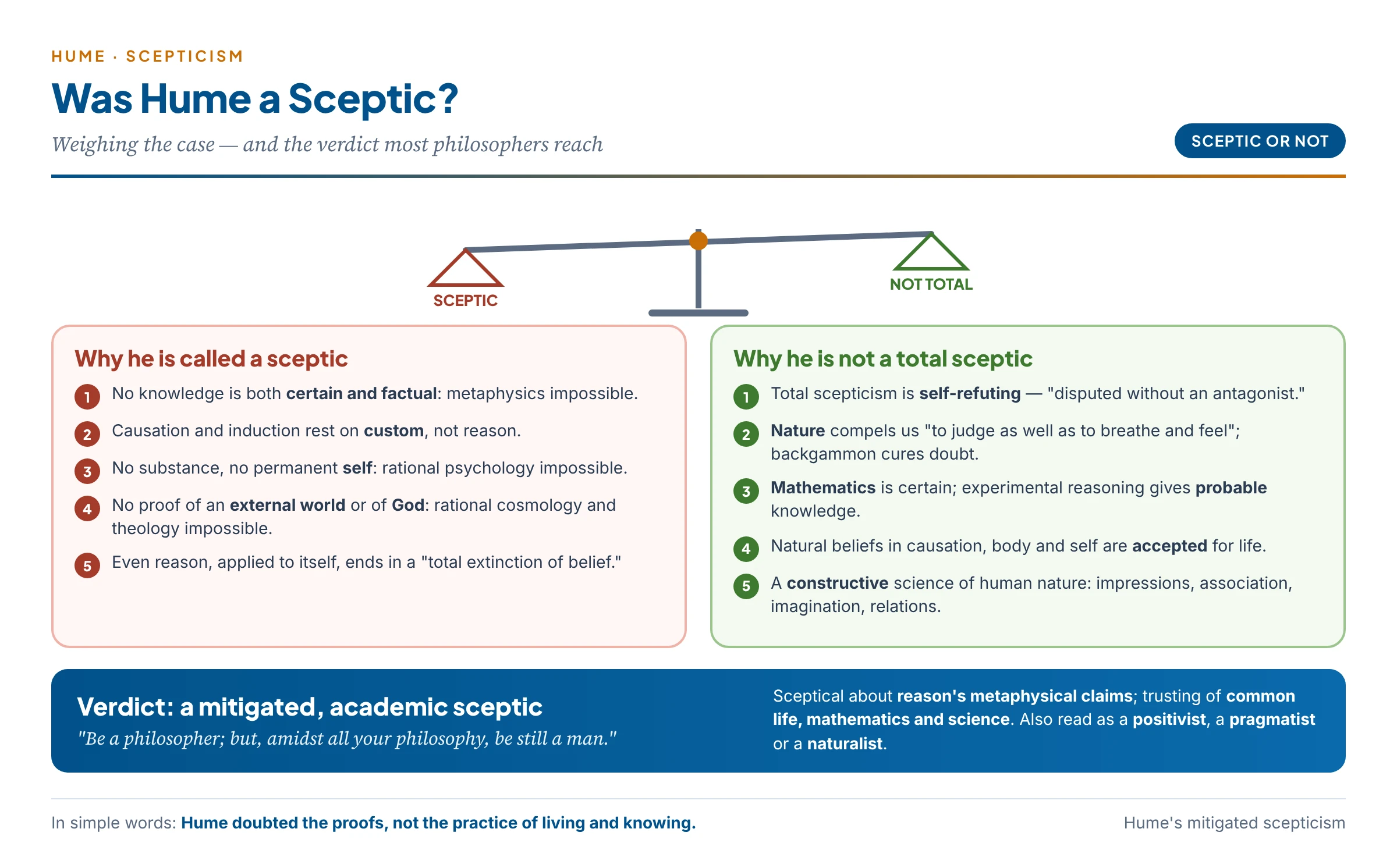 Was Hume a sceptic? On one side, the grounds for calling him a sceptic: no certain factual knowledge, causation and induction rest on custom, no substance or self, no proof of the external world or God, and reason undermines itself; on the other, the grounds against: total scepticism is self-refuting and unliveable, nature compels belief, mathematics is certain and science probable, and he offers a constructive science of human nature; verdict: a mitigated or academic sceptic