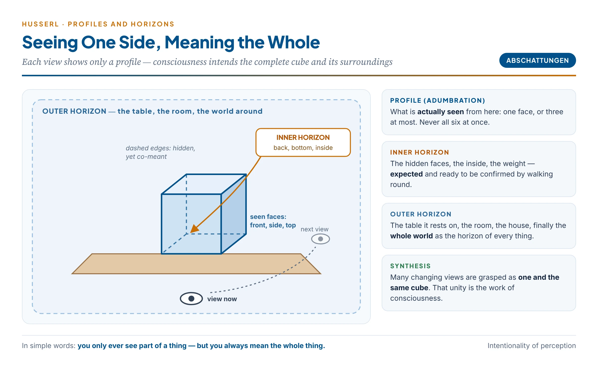 A cube is seen one face at a time but meant as a whole: profiles, inner horizon and outer horizon