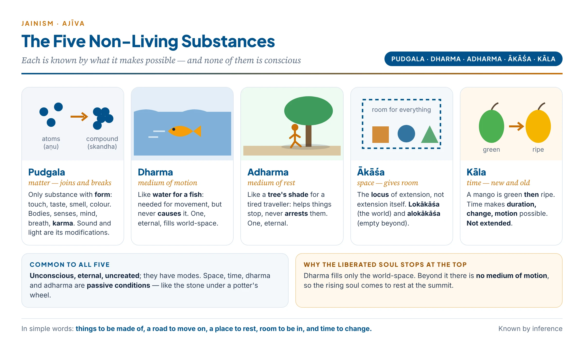 The five non-living substances at work: dharma is like water that lets a fish swim, adharma like a tree's shade that lets a traveller rest, ākāśa is the room that holds everything, kāla lets a mango be green and then ripe, and pudgala is atoms combining into things