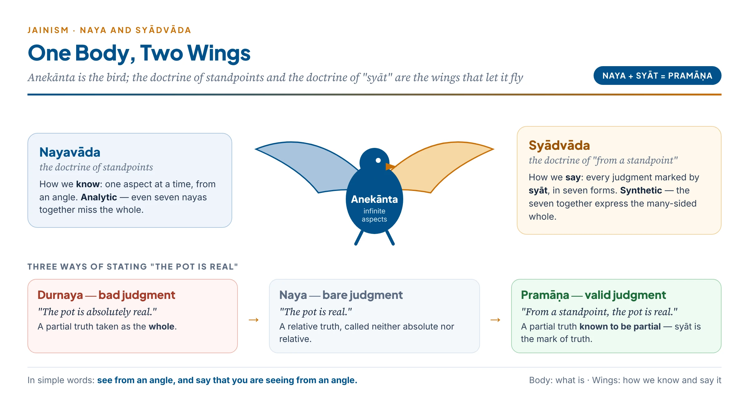 The Jaina theory of knowledge as a bird: anekānta (reality has infinite aspects) is the body, nayavāda and syādvāda are the two wings; below, the three ways of judging — durnaya (partial as whole), naya (bare partial statement) and pramāṇa (partial known as partial, marked by syāt)