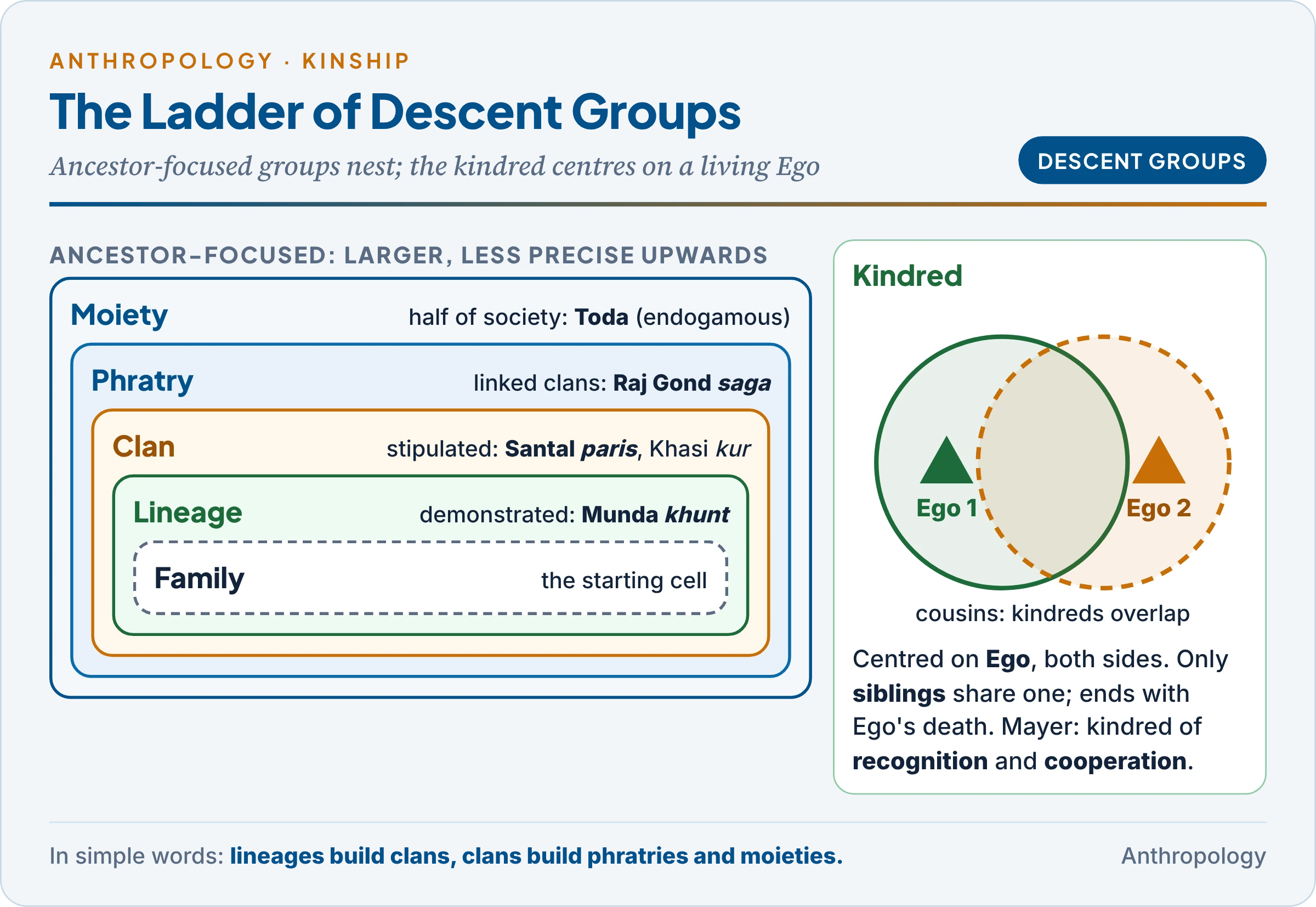 Nested ladder of descent groups from family to lineage, clan, phratry and moiety within a tribe, with Indian examples at each level, beside an Ego-centred kindred drawn as overlapping circles