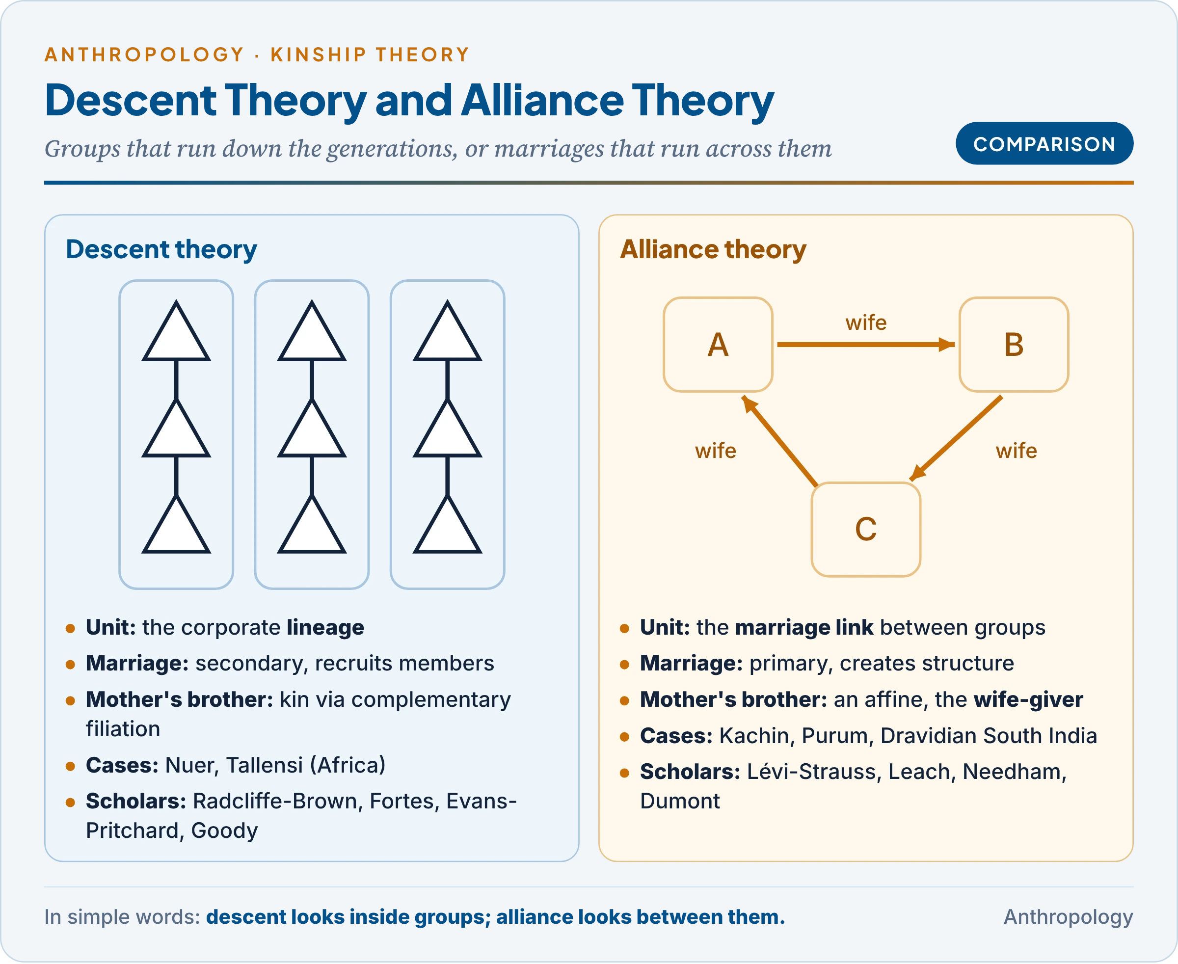 Descent theory and alliance theory compared in two columns: descent groups stacked vertically through generations against groups linked horizontally by marriage, with key scholars, units and cases