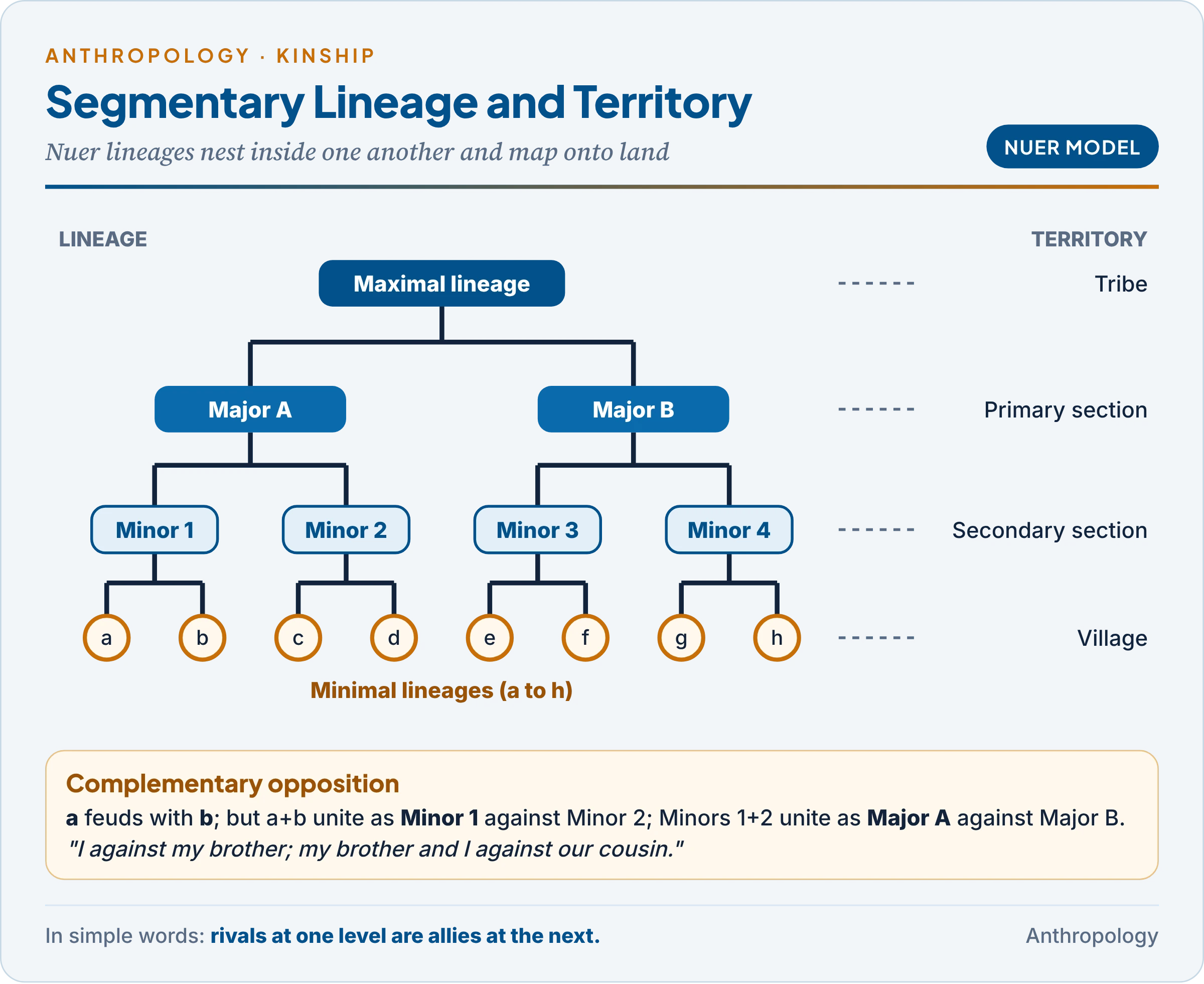 A segmentary lineage system: a genealogy of nested maximal, major, minor and minimal lineages matched to tribal sections and villages, with complementary opposition shown by segments uniting against an equal segment