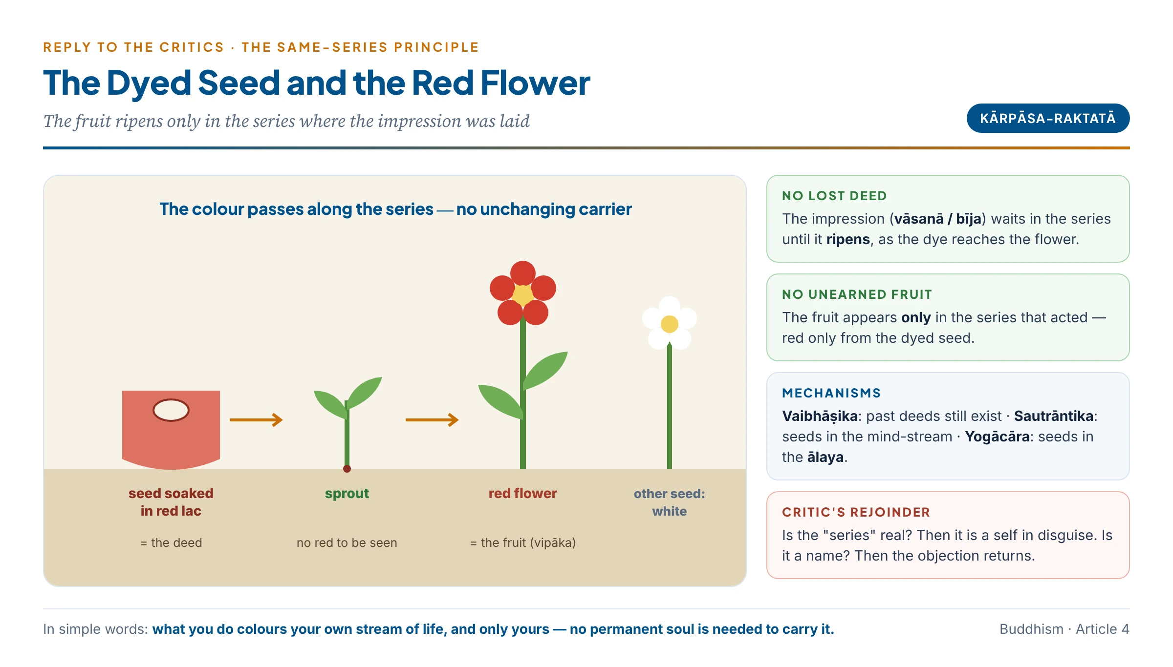 The cotton seed and the lac-dye: a seed soaked in red dye grows into a plant that bears red flowers — the colour passes along the series without any unchanging carrier; in the same way a deed's impression ripens only in the series that performed it, answering the charges of lost deeds and unearned fruits