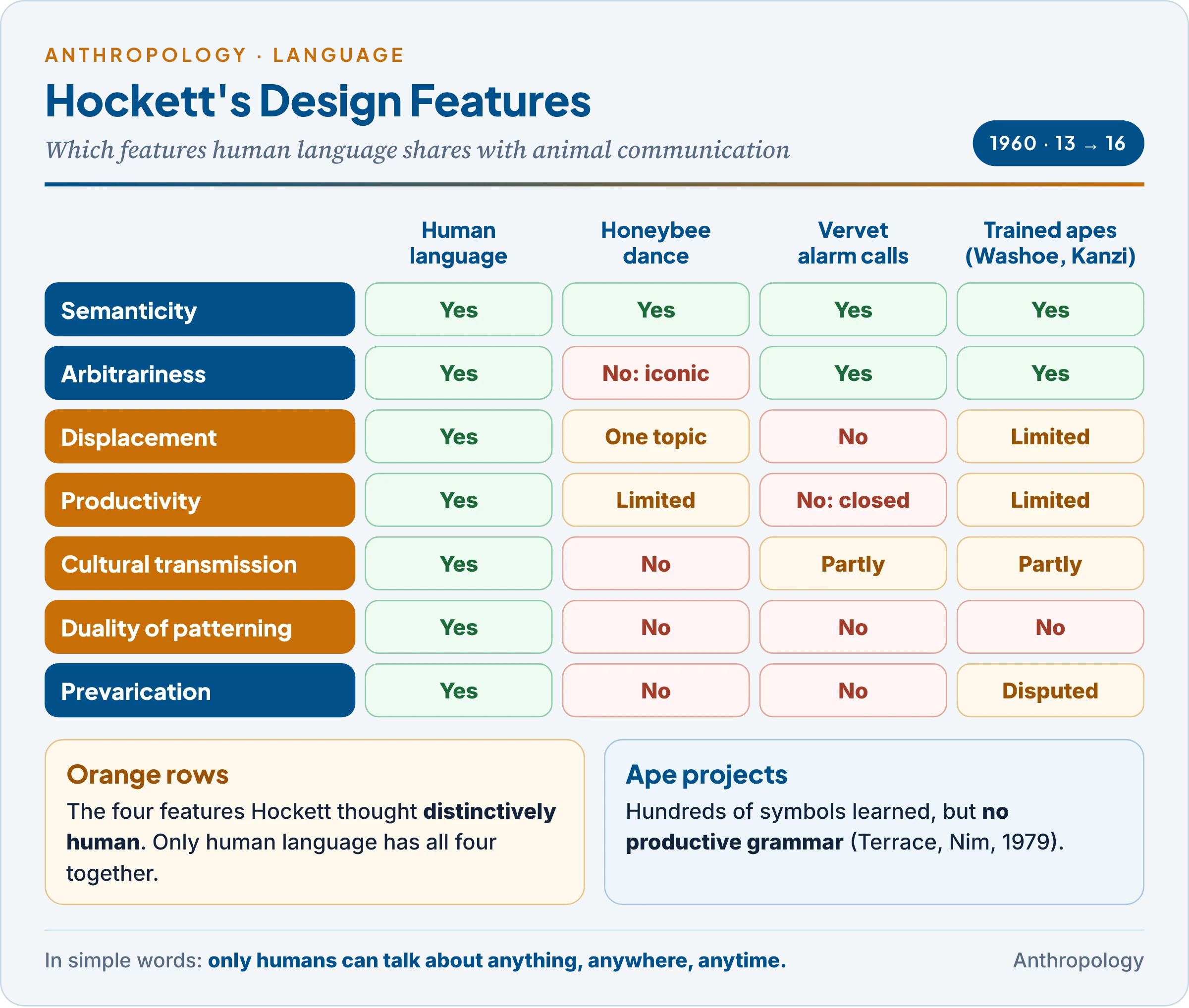 Hockett's design features compared: human language, the honeybee dance, vervet alarm calls and trained chimpanzees, showing which share semanticity, arbitrariness, displacement, productivity, cultural transmission and duality of patterning