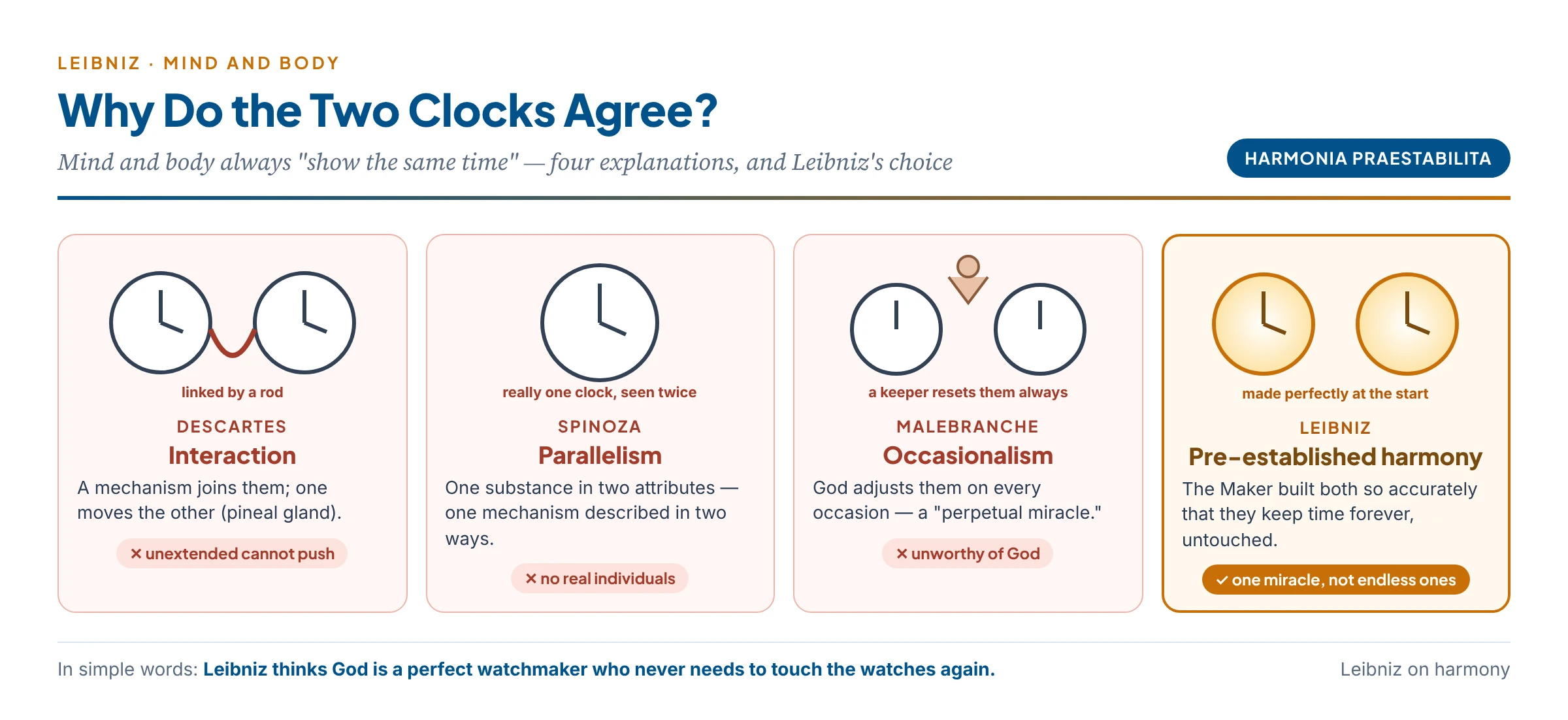 The two clocks: Descartes joins them, Spinoza makes them one, the occasionalists have God adjust them constantly, and Leibniz has God make them so perfectly that they agree forever