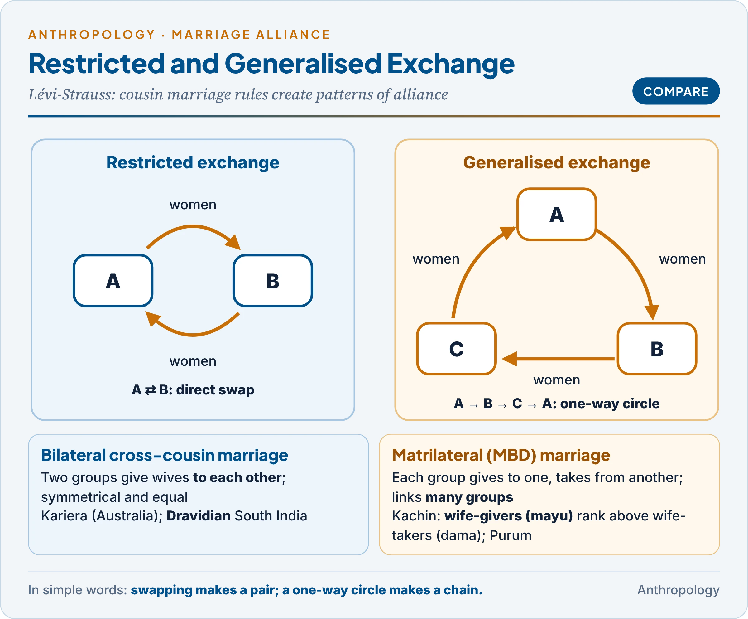 Restricted exchange between two groups that swap wives, against generalised exchange in a circle of three groups with wife-givers ranked above wife-takers, as among the Kachin