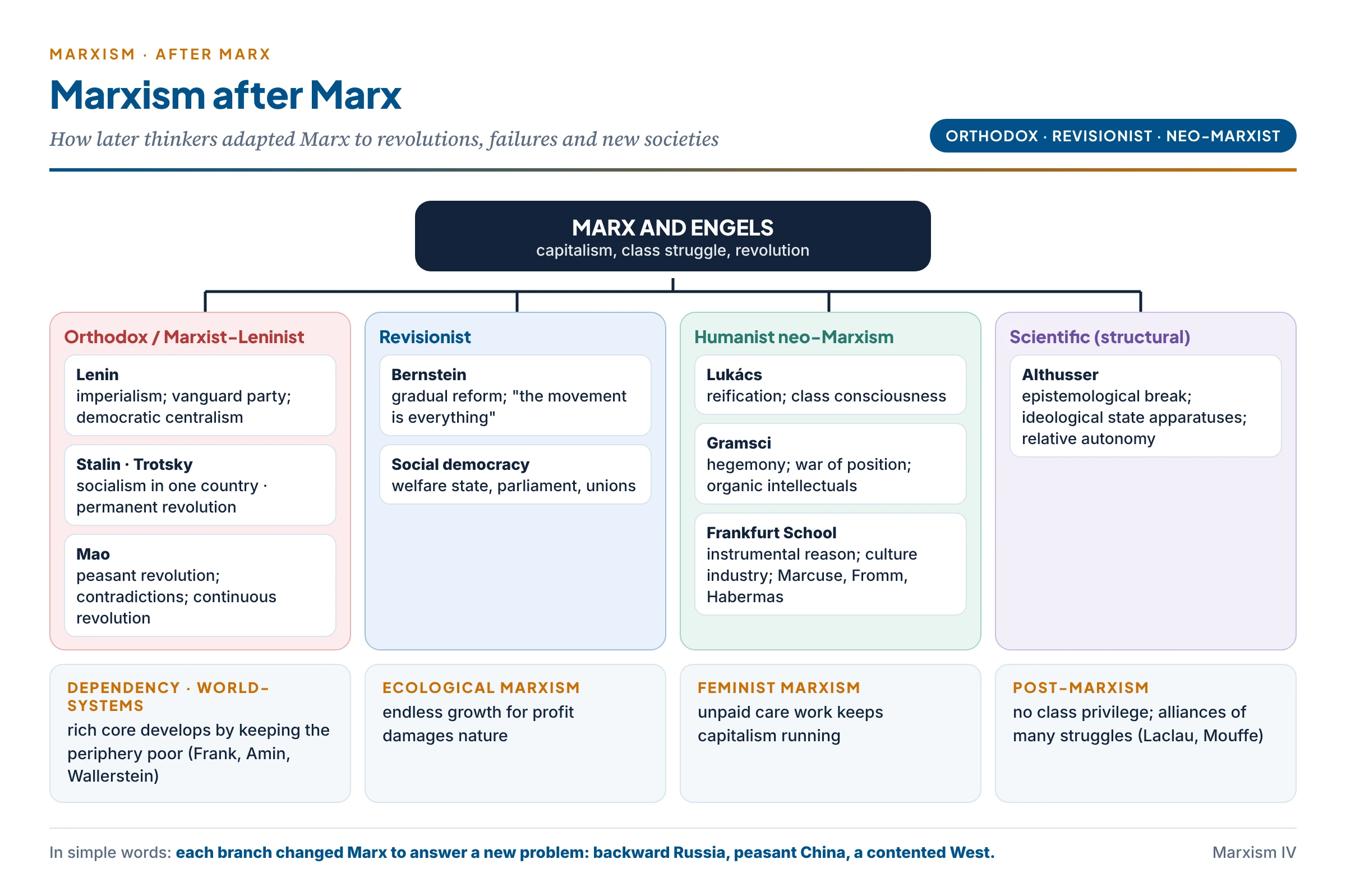 Marxism after Marx as a branching tree: from Marx and Engels grow an orthodox Marxist-Leninist branch (Lenin, Stalin and Trotsky, Mao), a revisionist branch (Bernstein), a humanist Western Marxist branch (Lukács, Gramsci, the Frankfurt School) and a structural branch (Althusser), with later shoots for dependency and world-systems theory, ecological Marxism and post-Marxism