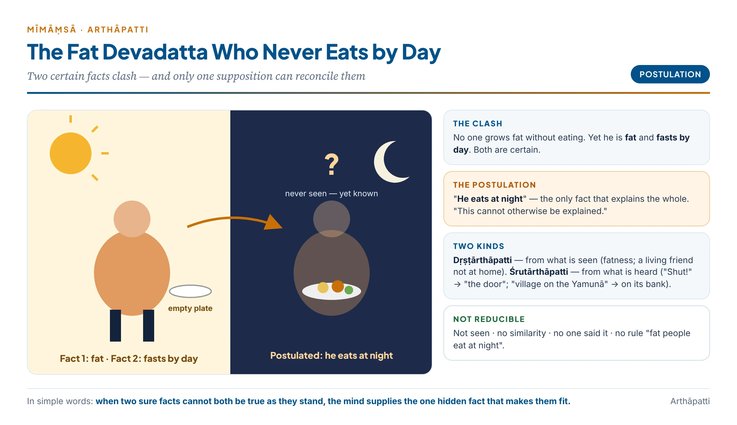 The fat Devadatta: fatness and day-time fasting clash, and only one supposition — he eats at night — reconciles them