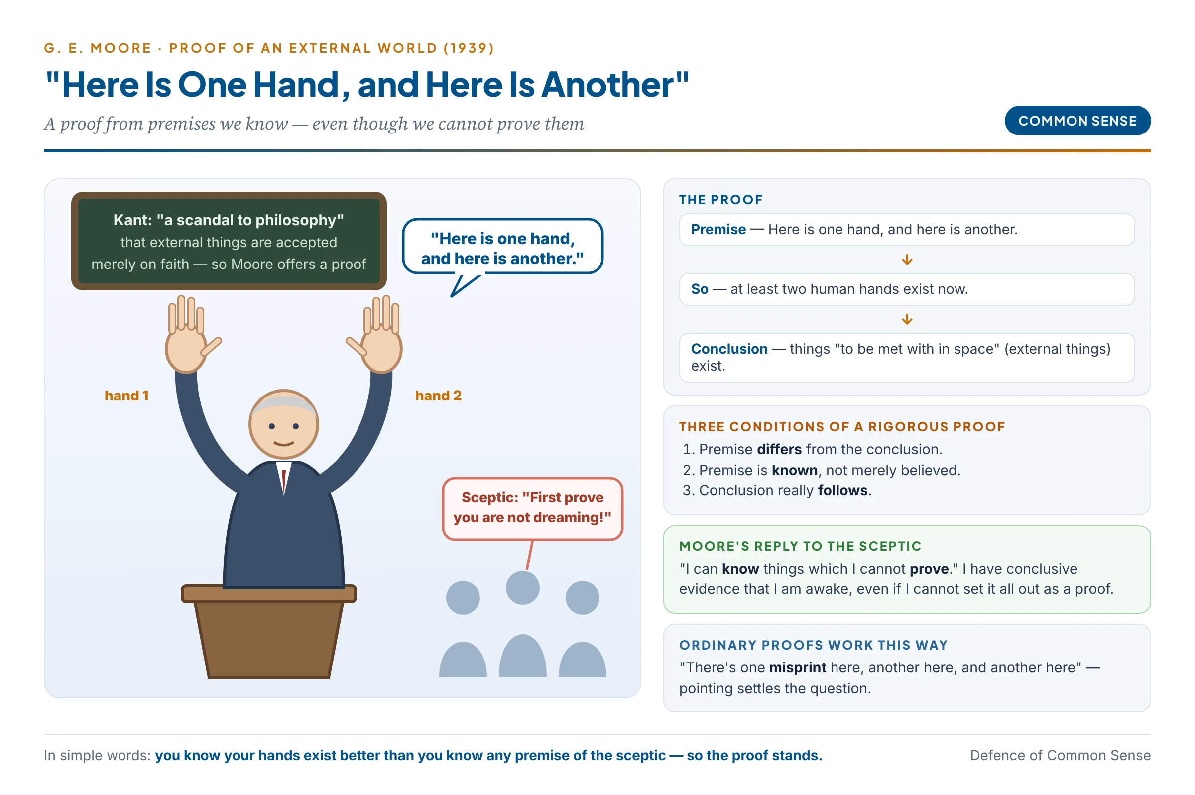 Moore delivering his 1939 proof of an external world: holding up one hand and then the other while saying 'Here is one hand, and here is another', with the three conditions he claims a rigorous proof satisfies and the sceptic's demand that he first prove he is not dreaming