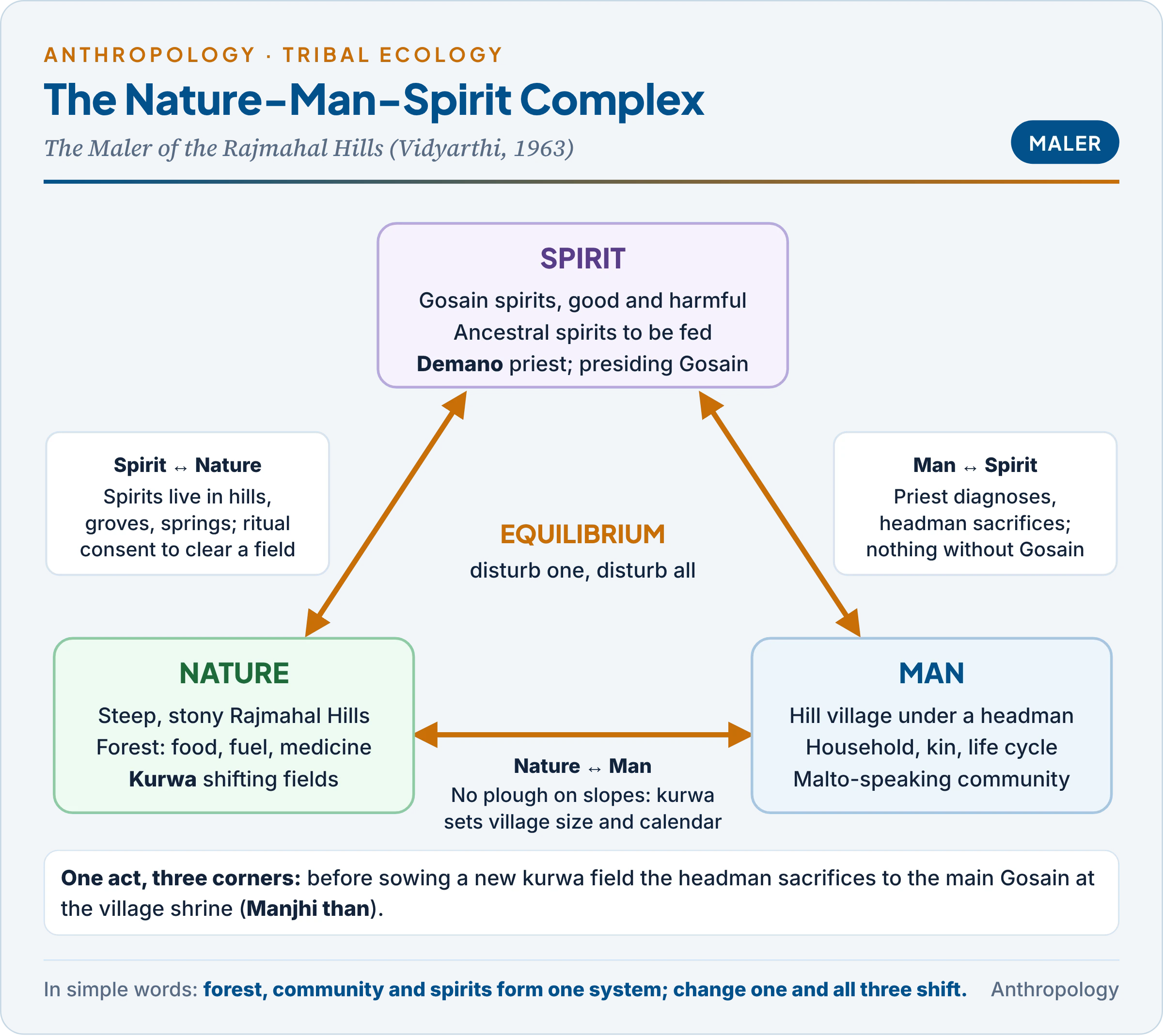The nature-man-spirit complex among the Maler of the Rajmahal Hills: nature (hills, forest, kurwa fields), man (village, headman, household) and spirit (Gosain spirits, ancestors, the demano priest) linked by two-way arrows, with examples of each link