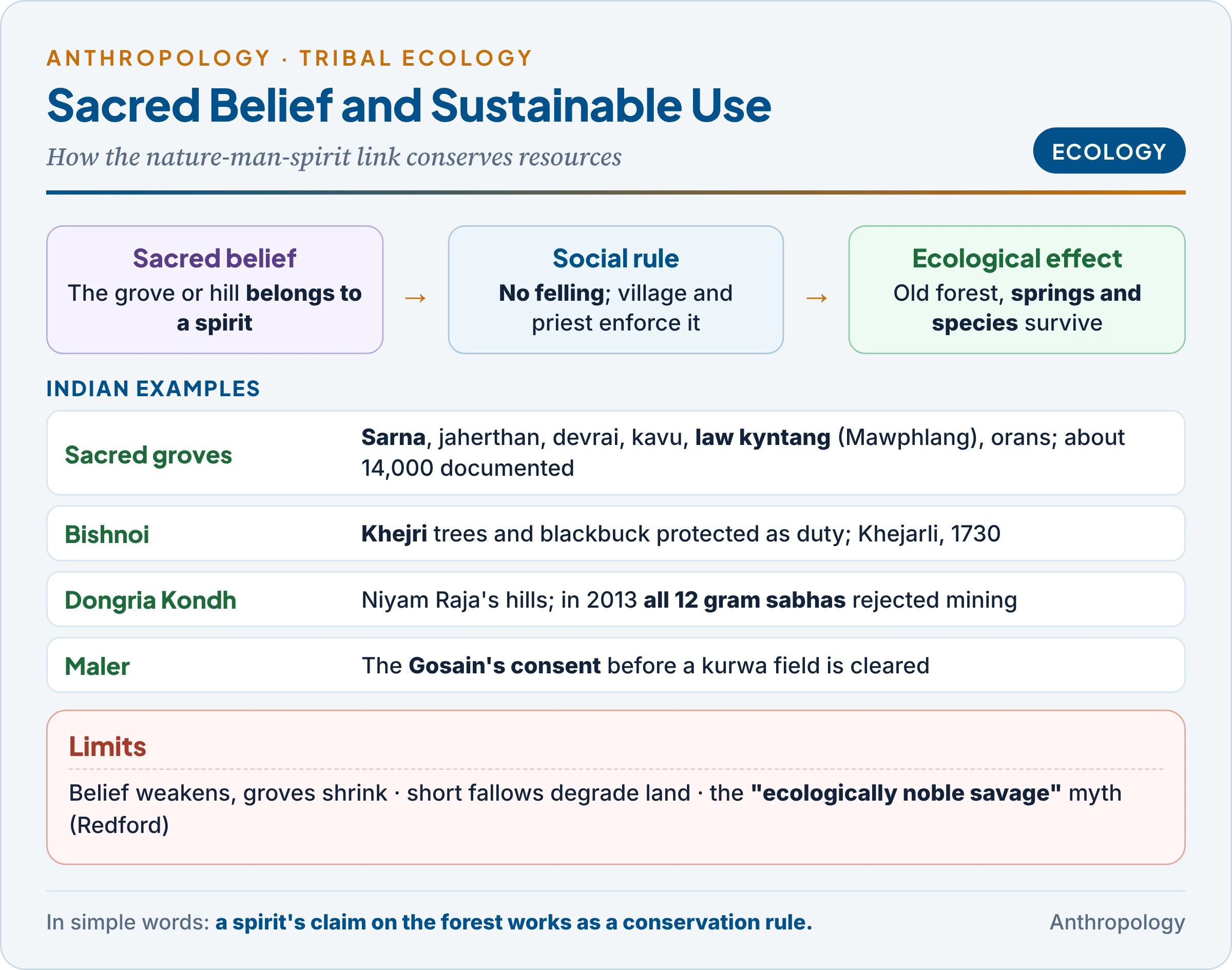 Nature-man-spirit complex and sustainable resource use: a chain from sacred belief to social rule to ecological effect, with examples of sacred groves (Sarna, devrai, kavu, law kyntang, orans), Bishnoi tree protection, Niyamgiri and Maler kurwa rites, plus limits of the idea