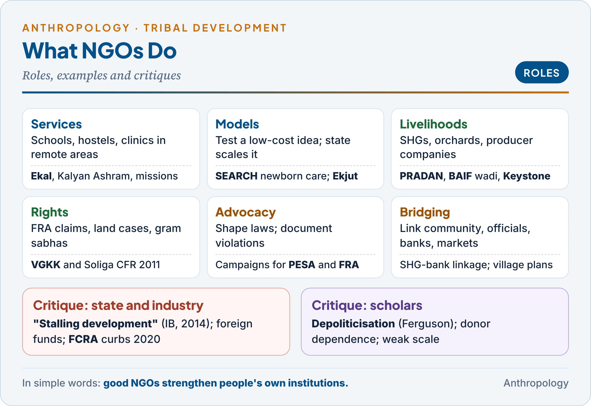 Roles of NGOs in tribal development: service delivery, innovation, livelihoods, rights and legal aid, advocacy and bridging stakeholders, with examples from SEARCH, Ekjut, VGKK, PRADAN, BAIF, Keystone, Ekal and Vanvasi Kalyan Ashram, and the main critiques of donor dependence, accountability, scale, depoliticisation and agendas of conversion or reconversion