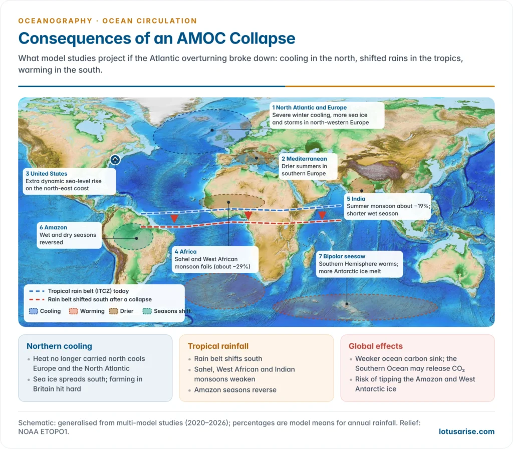 World map of the likely consequences of an AMOC collapse: sharp winter cooling and storms in north-western Europe, extra sea-level rise on the US north-east coast, a southward shift of the tropical rain belt, drier West African, Sahel and Indian monsoons, reversed Amazon seasons, Southern Hemisphere warming and a weaker ocean carbon sink