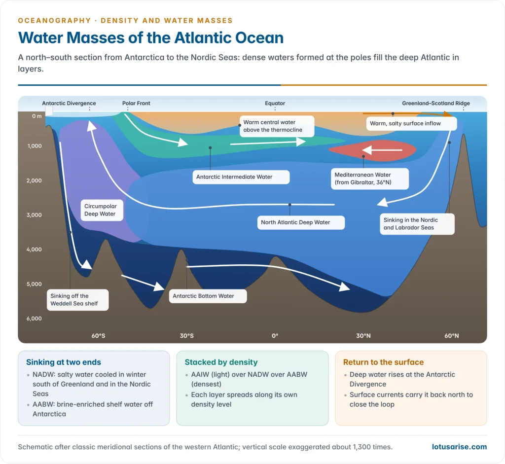 North–south section of the Atlantic Ocean from Antarctica to the Arctic showing Antarctic Bottom Water spreading north along the floor, North Atlantic Deep Water flowing south above it, Antarctic Intermediate Water sinking at the Antarctic Convergence and Mediterranean Water entering at mid-depth, with the warm surface layer and the thermocline