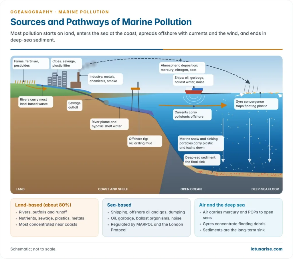 Cross-section from farms, cities, industry and rivers across the coast and shelf to the open ocean and deep sea, showing land, river, ship and atmospheric inputs and how pollutants are diluted, carried offshore and buried in deep-sea sediment