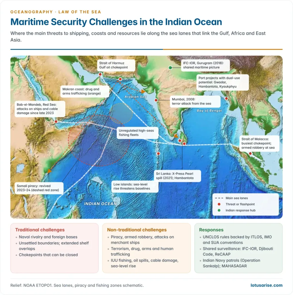 Relief map of the Indian Ocean showing main sea lanes, chokepoints, the Somali piracy zone, trafficking routes, high-seas fishing, port projects and India's Information Fusion Centre
