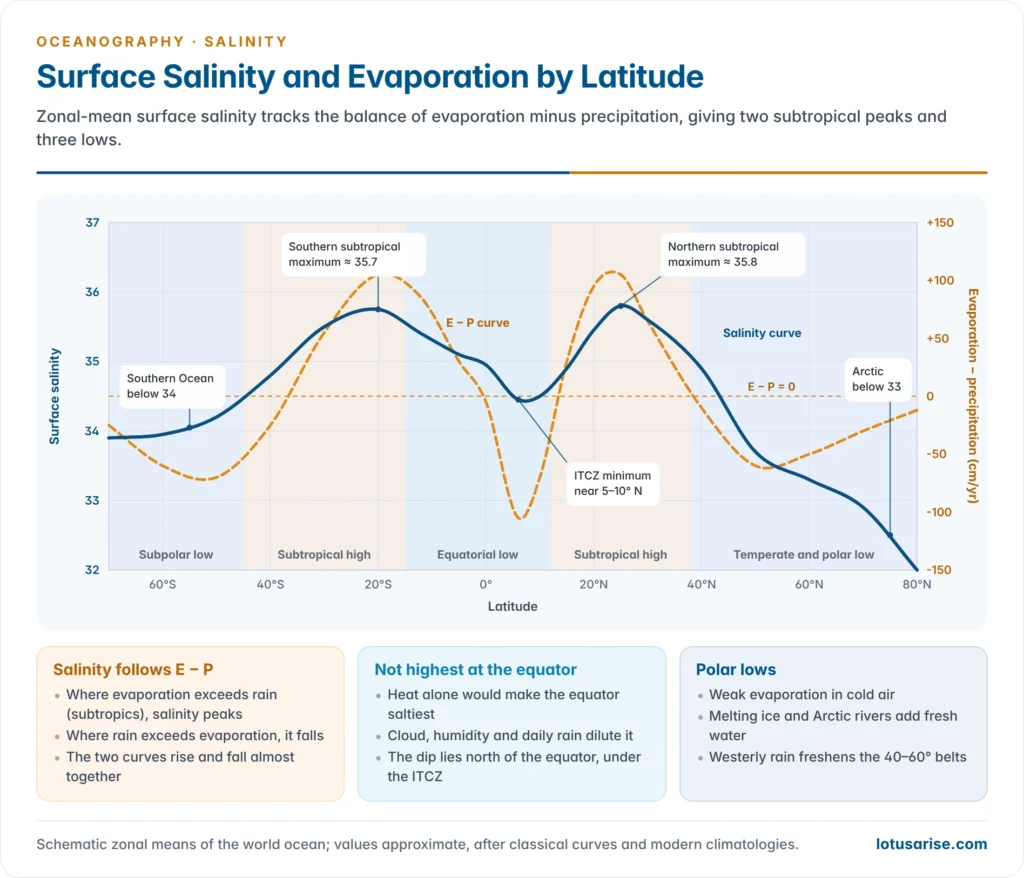 Zonal-mean sea surface salinity plotted against latitude beside the evaporation-minus-precipitation curve, showing subtropical maxima near 20–30 degrees and minima at the ITCZ and in polar seas