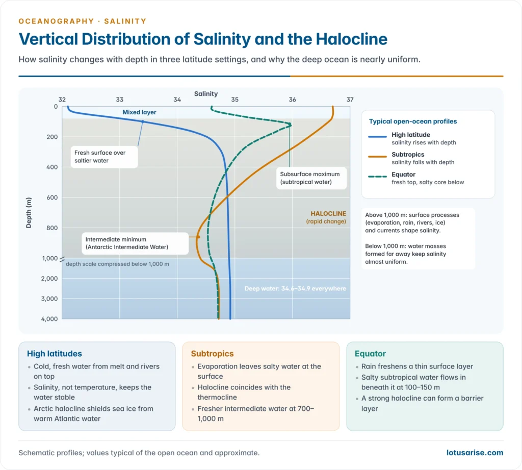 Typical vertical salinity profiles for high-latitude, subtropical and equatorial open ocean from the surface to 4,000 m, showing the mixed layer, the halocline, the subsurface maximum, the intermediate minimum and the uniform deep water