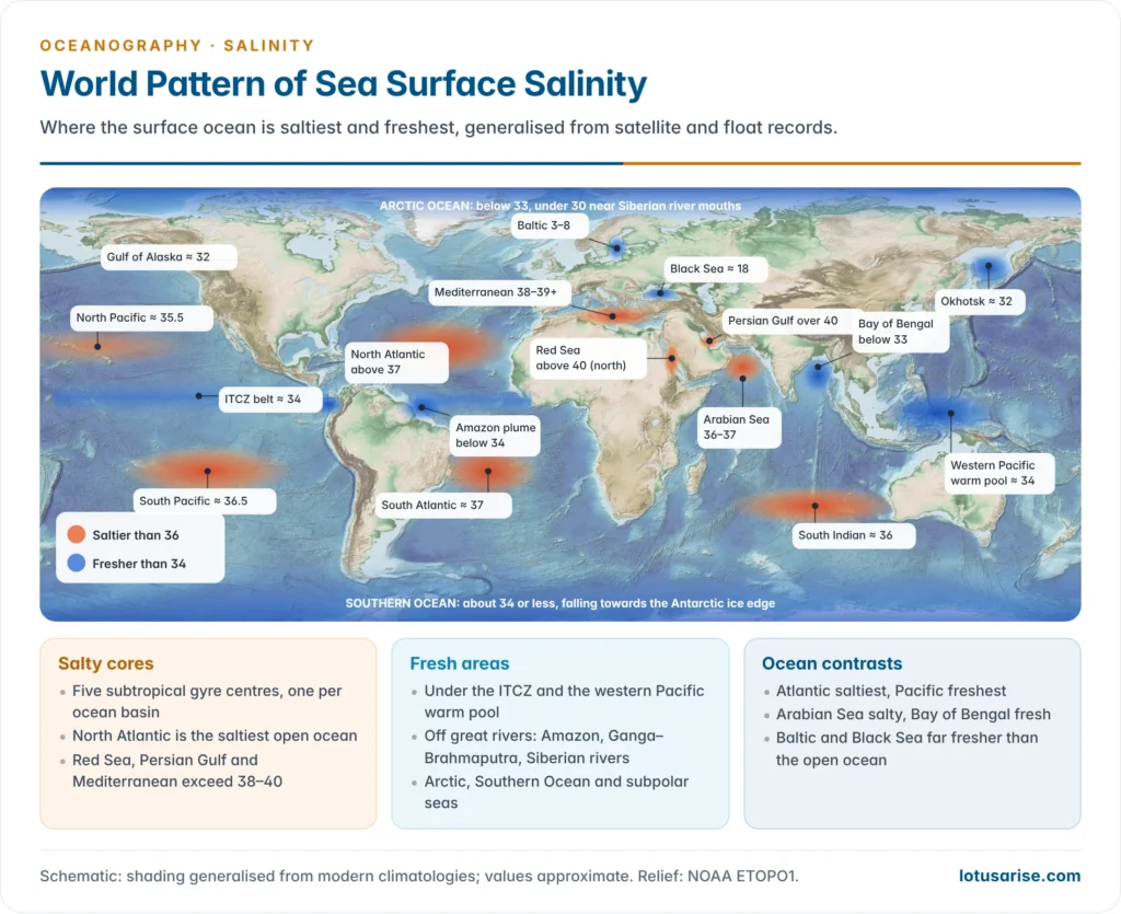 World map of mean sea surface salinity showing the five subtropical high-salinity cores, the very salty Red Sea, Persian Gulf and Mediterranean, and the fresh Bay of Bengal, Arctic, Baltic, Amazon plume and ITCZ belt