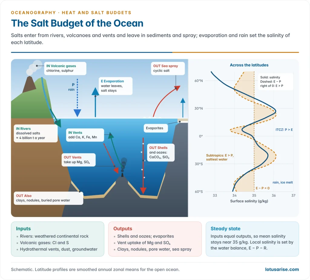 The salt budget of the ocean: rivers, volcanoes and hydrothermal vents adding salts, sediments, evaporites, sea spray and vents removing them, and evaporation minus precipitation setting surface salinity across the latitudes