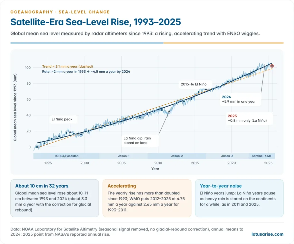 Chart of global mean sea level from satellite altimetry, 1993 to 2025, rising about 10 cm with a trend near 3 mm a year, El Niño peaks, La Niña dips and the small 2025 rise
