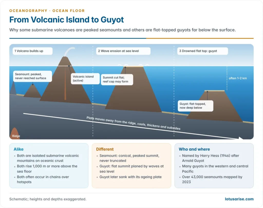 Three stages from an active volcanic island to a wave-planed summit at sea level to a flat-topped guyot deep below the surface as the plate cools and subsides, with a peaked seamount for comparison