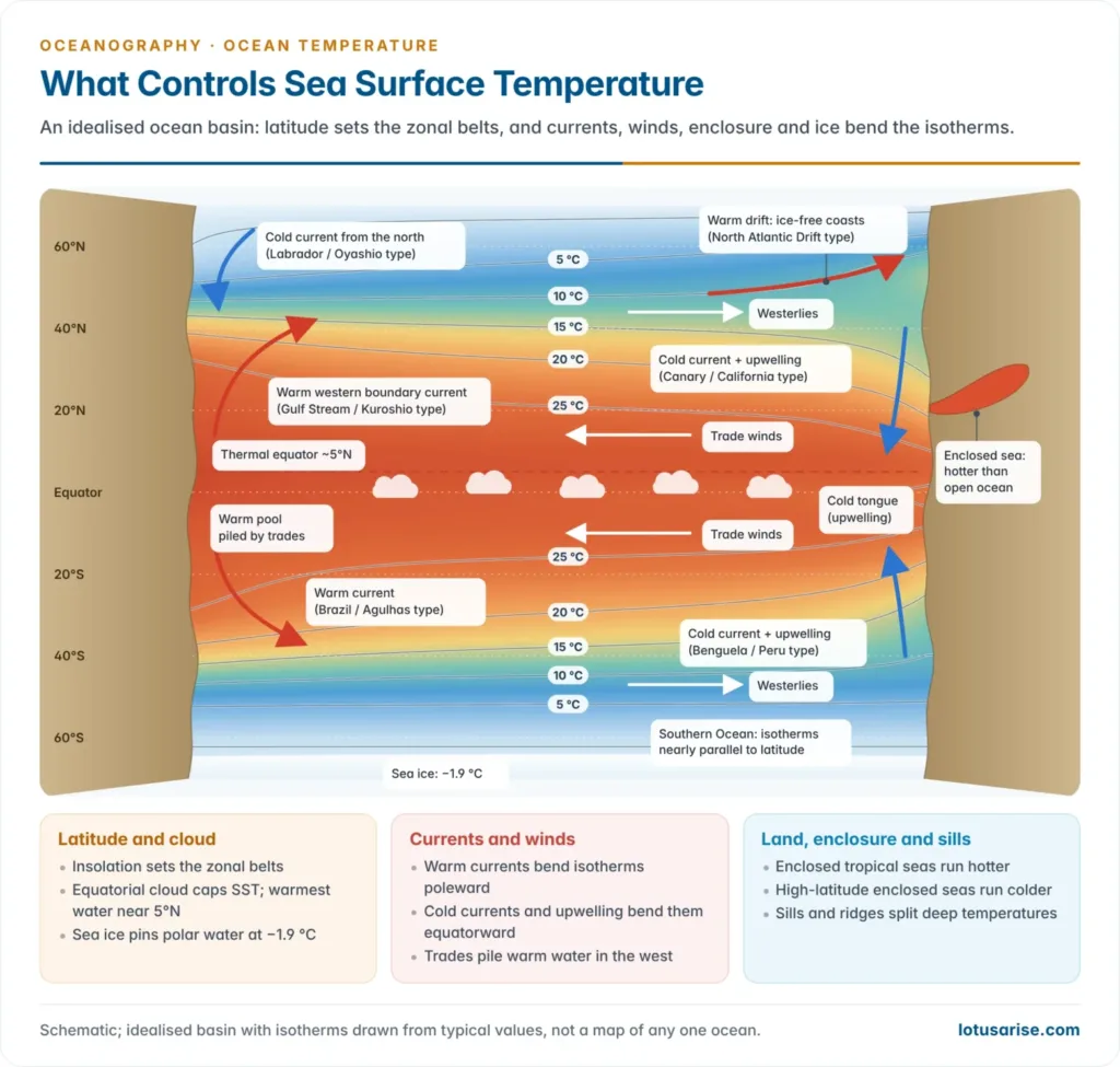 Idealised ocean basin with schematic surface isotherms bent poleward by warm western boundary currents and equatorward by cold eastern boundary currents and coastal upwelling, with labels for latitude, cloudiness, winds, an enclosed sea and sea ice