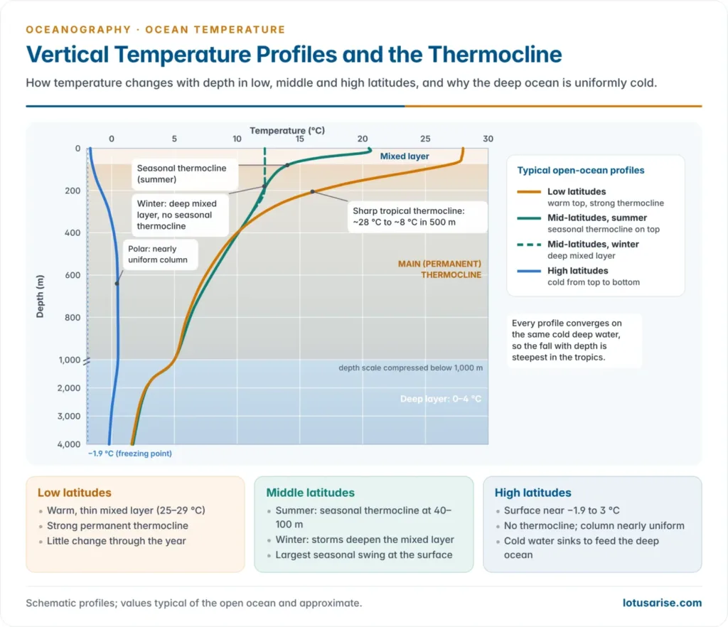 Vertical temperature profiles for low, middle and high latitudes, showing a warm mixed layer and sharp permanent thermocline in the tropics, summer and winter profiles with a seasonal thermocline in mid-latitudes, and a nearly uniform cold column in polar seas