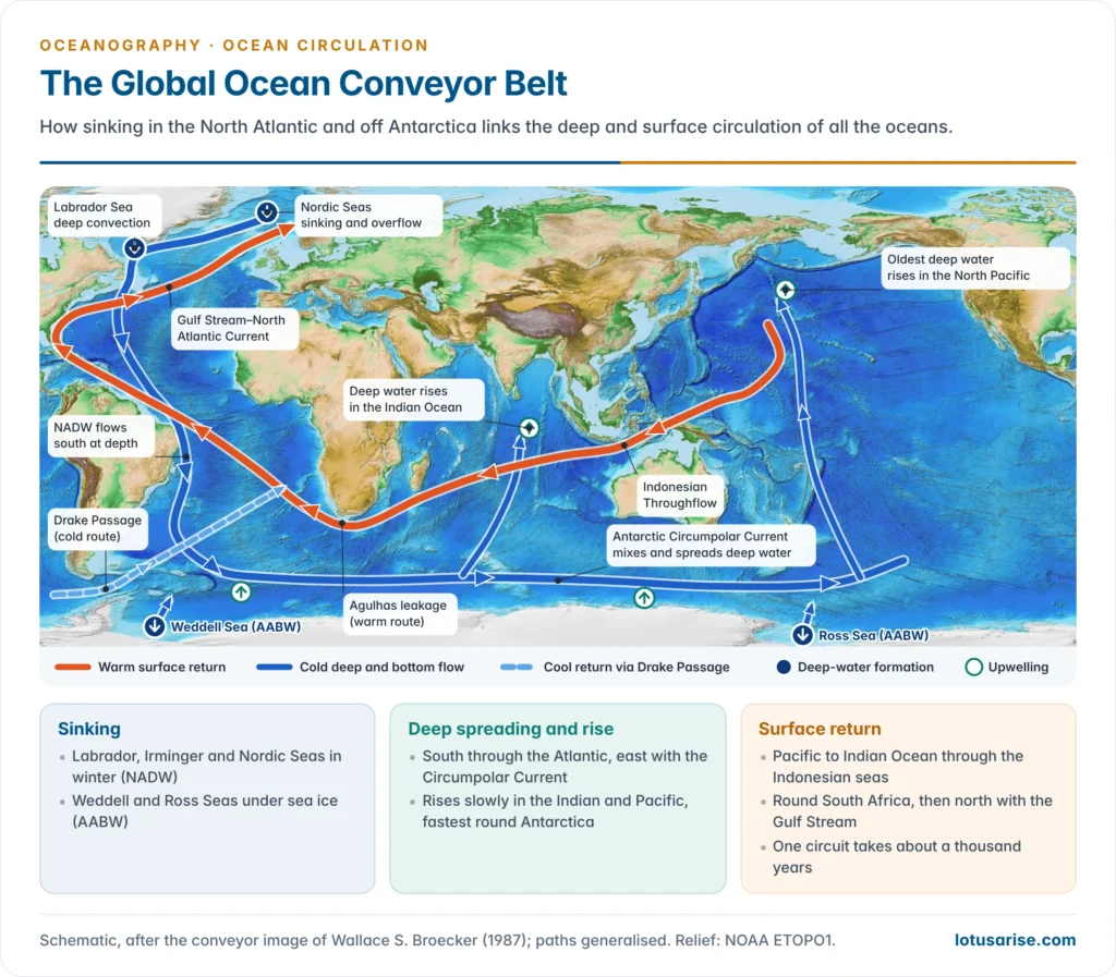 World map of the global ocean conveyor belt with warm surface flow from the Pacific through the Indonesian seas and round southern Africa to the North Atlantic, deep-water formation in the Labrador and Nordic Seas and off Antarctica, and cold deep flow south through the Atlantic and into the Indian and Pacific Oceans
