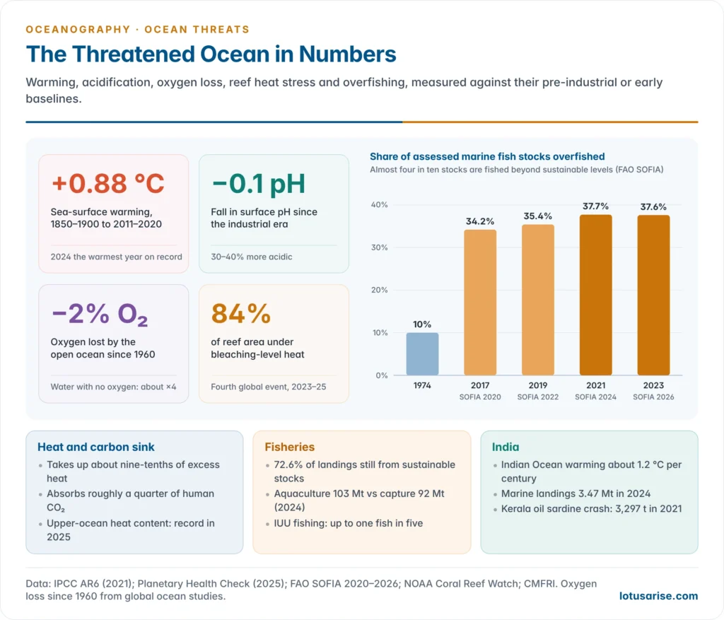 Key-numbers panel for the threatened ocean: 0.88 °C of sea-surface warming, a pH fall of about 0.1 units, more than 2% oxygen loss since 1960, 84% of reef area under bleaching-level heat, and a bar chart of the share of overfished fish stocks rising from 10% in 1974 to 37.6% in 2023