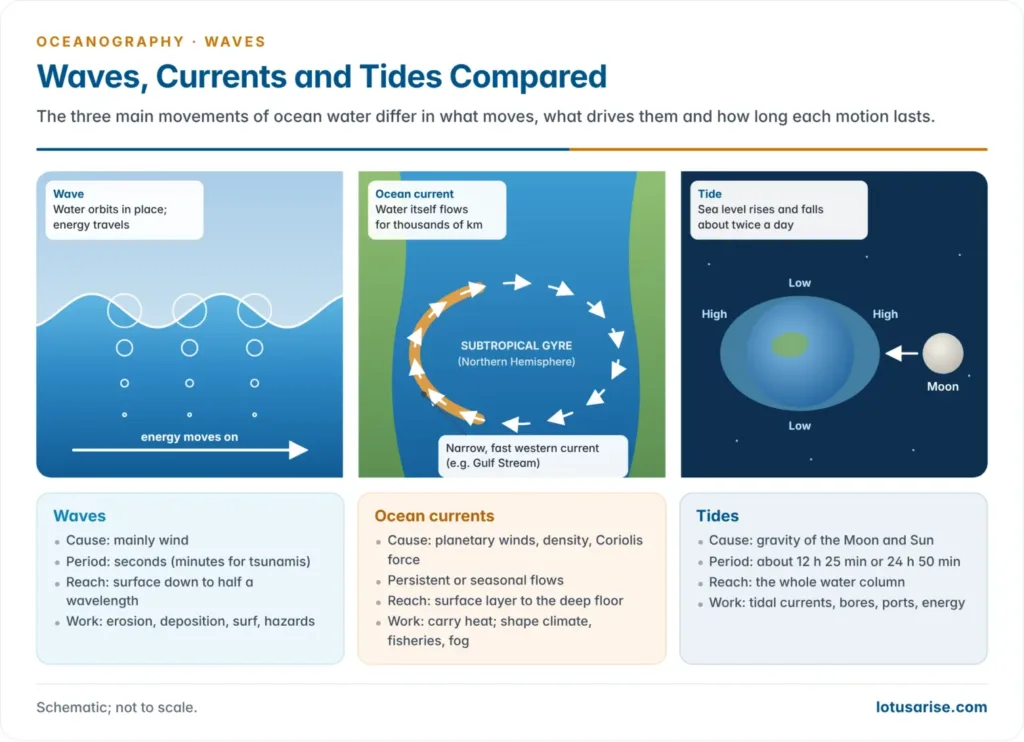 Side-by-side schematics of a wave moving energy through orbiting water, a current carrying water across an ocean gyre, and a tide raising and lowering sea level under the pull of the Moon and Sun