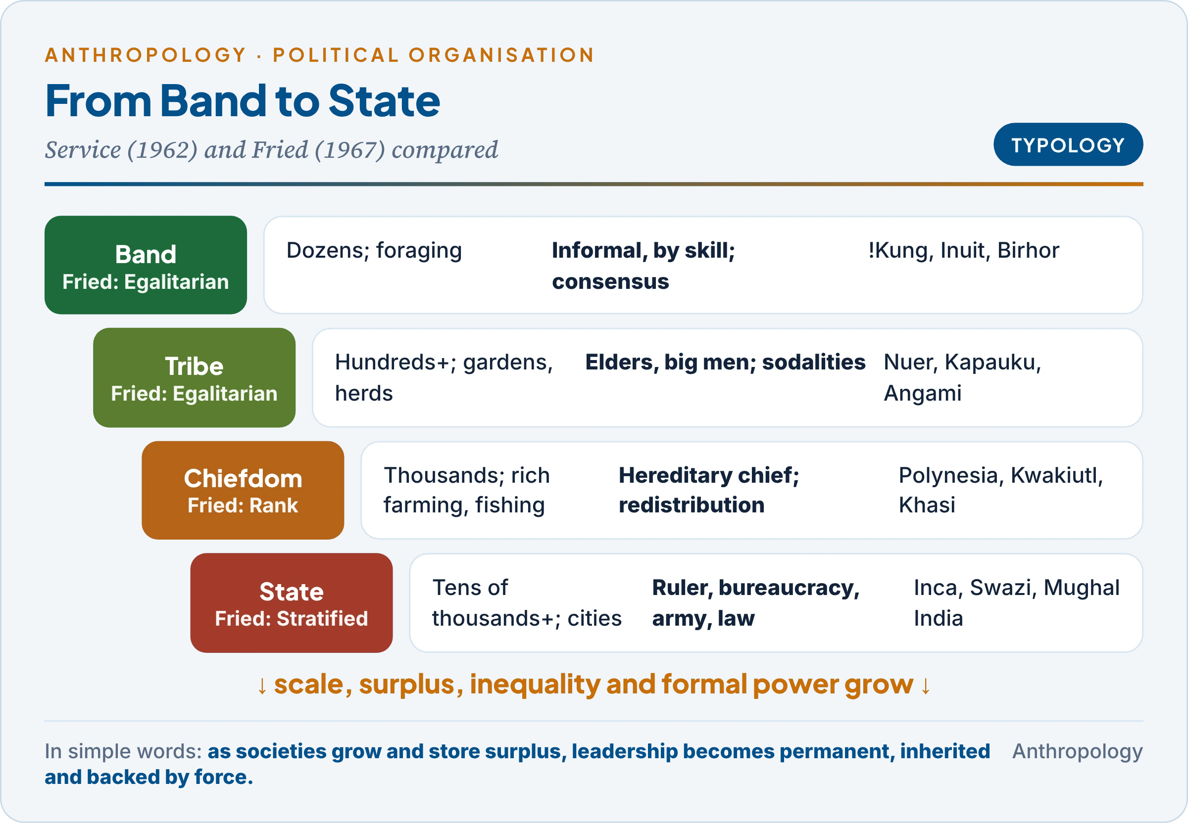 Service's band, tribe, chiefdom and state set against Fried's egalitarian, rank and stratified societies, with scale, economy, leadership, exchange and an example at each level