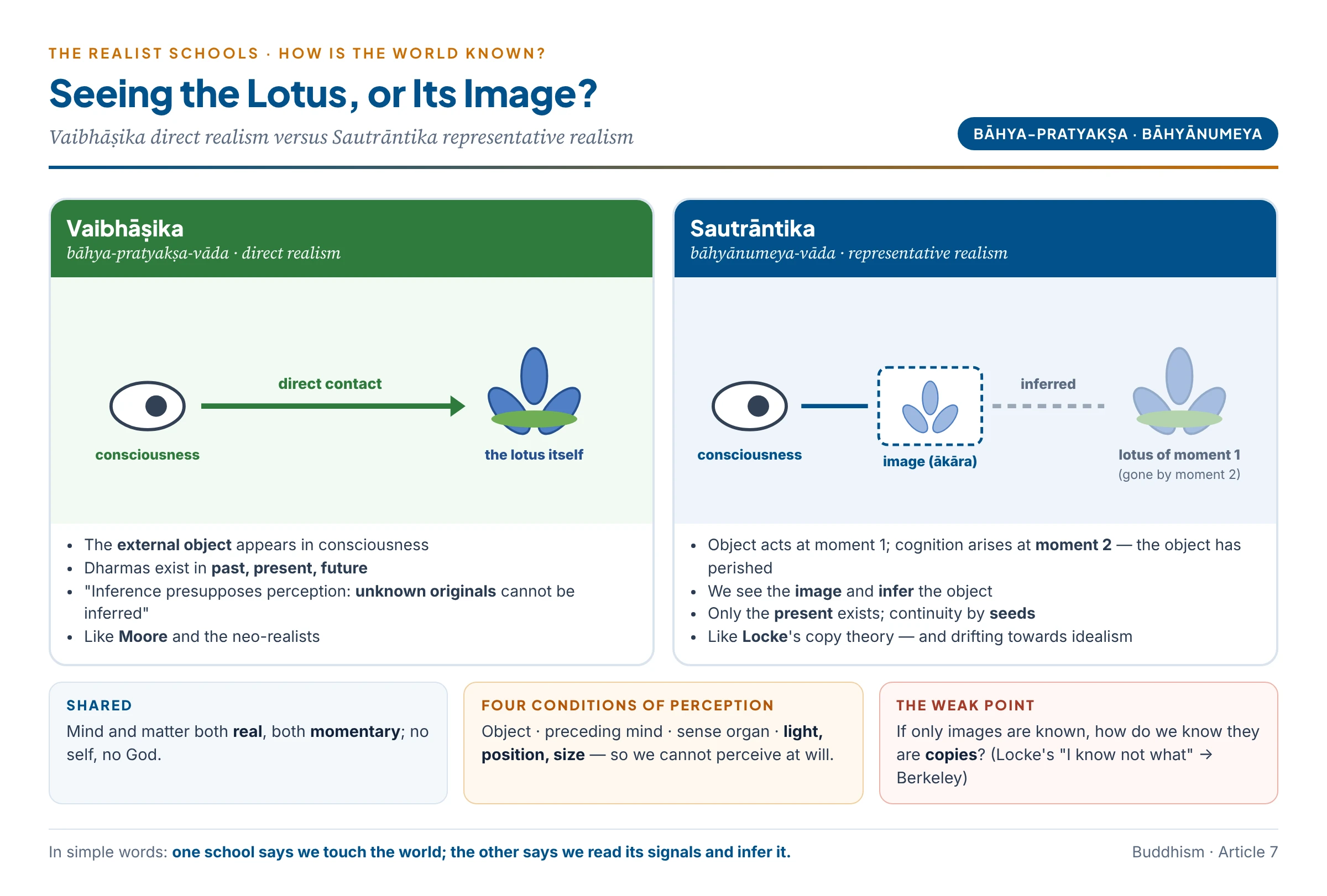 Direct versus representative realism: the Vaibhāṣika sees the blue lotus itself; the Sautrāntika says the momentary lotus has already perished by the time consciousness arises, so we see only its image and infer the lotus — like inferring a star from light that left it long ago