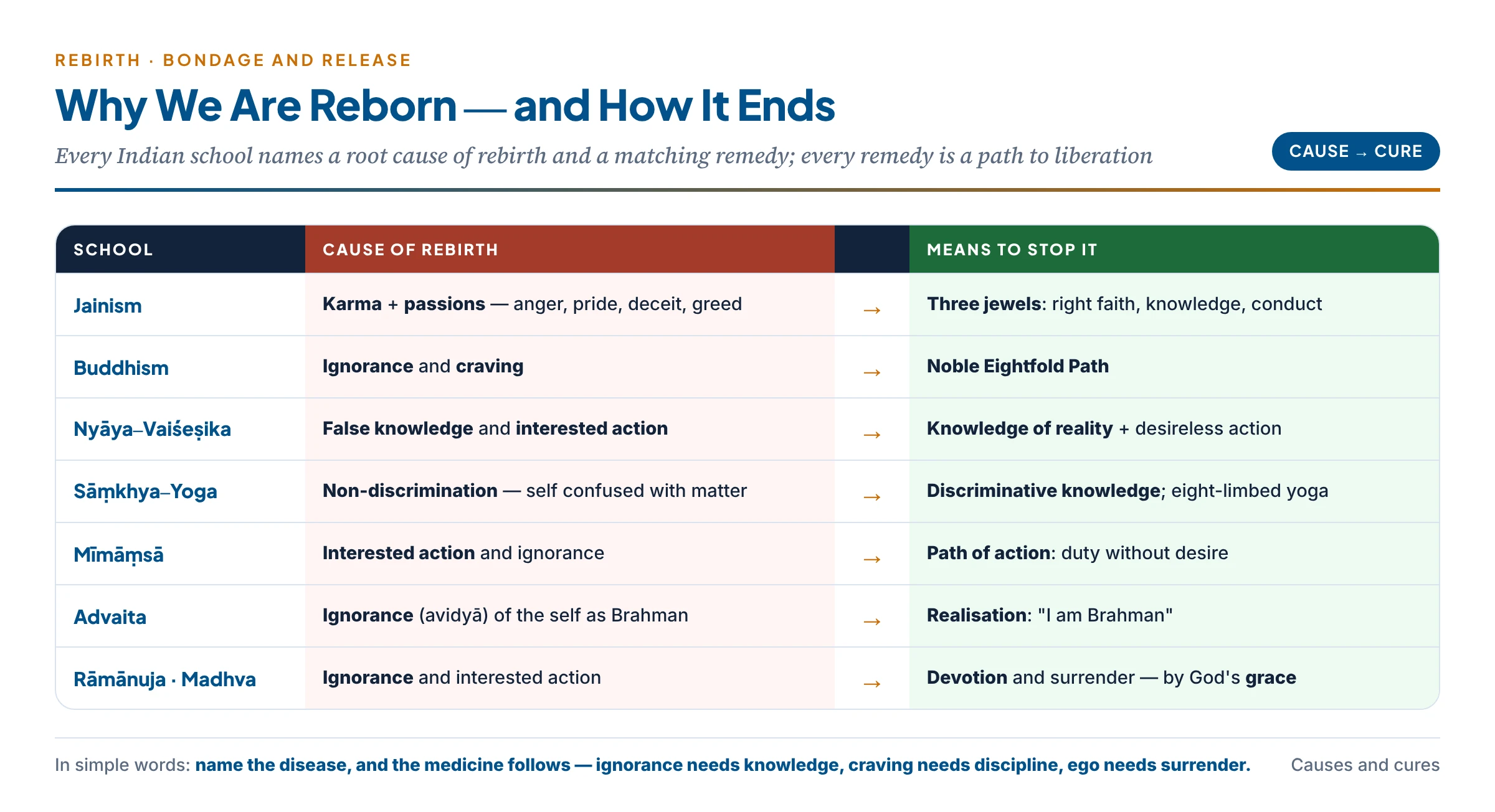 Causes of rebirth and the means to end it in seven Indian schools — passions, ignorance, craving, non-discrimination and interested action, and their remedies