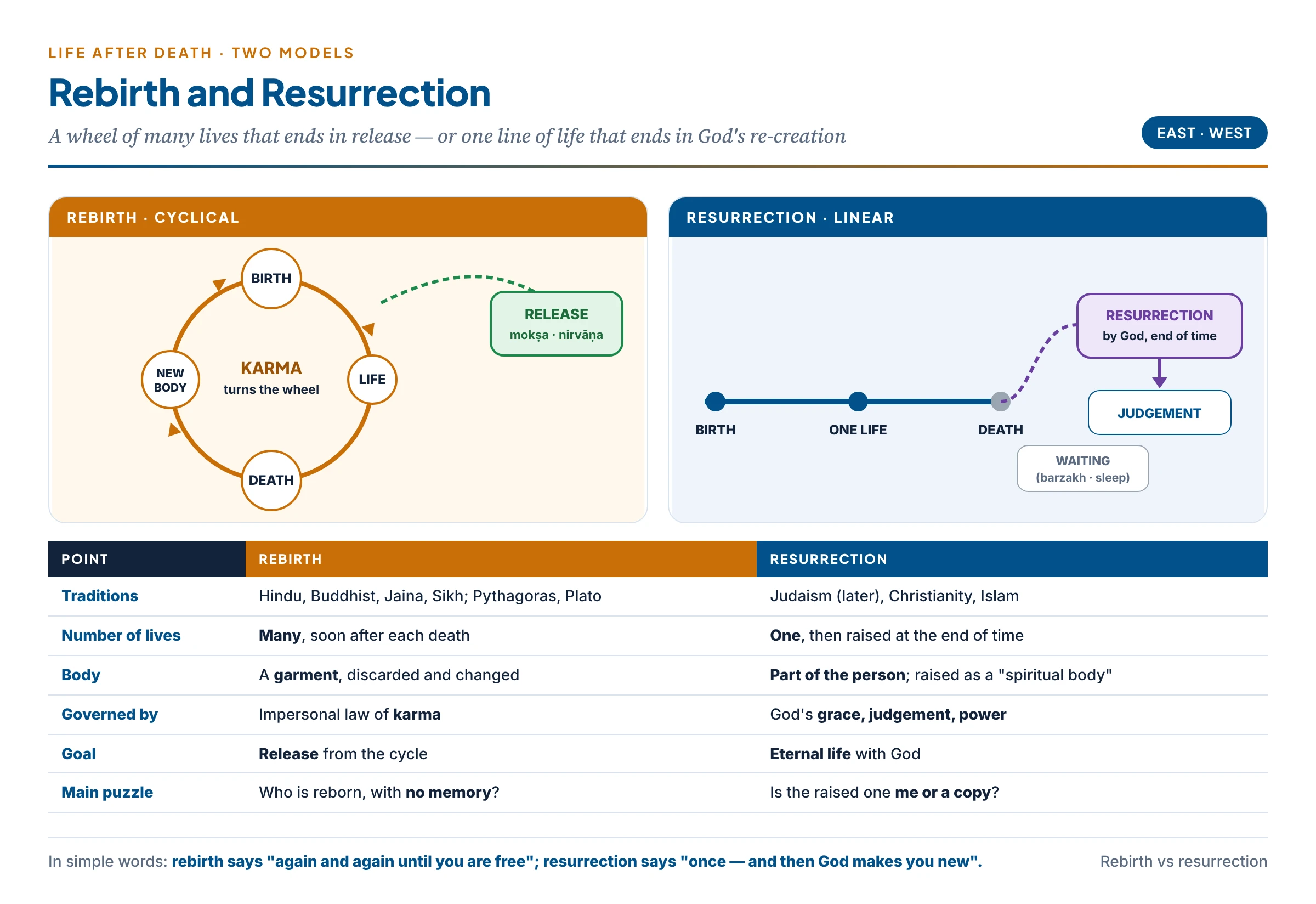 Rebirth and resurrection compared: a cycle of many bodies governed by karma and ending in release, and a single line of life ending in God's re-creation and judgement